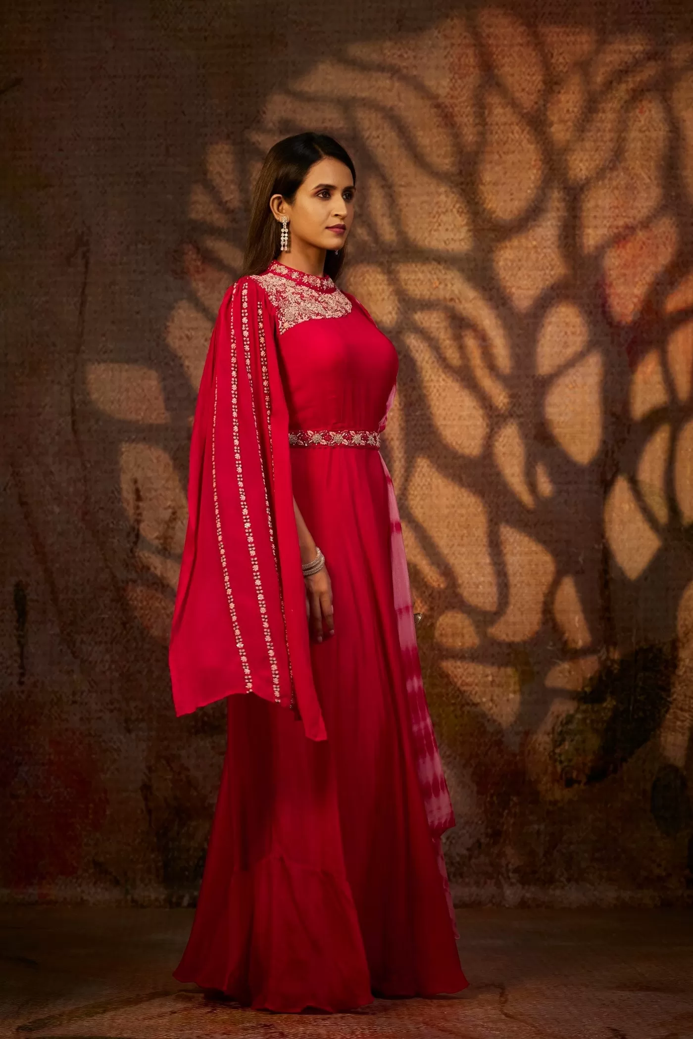 Cherry Red Hand Embroidered Crystal Georgette Flared Gown