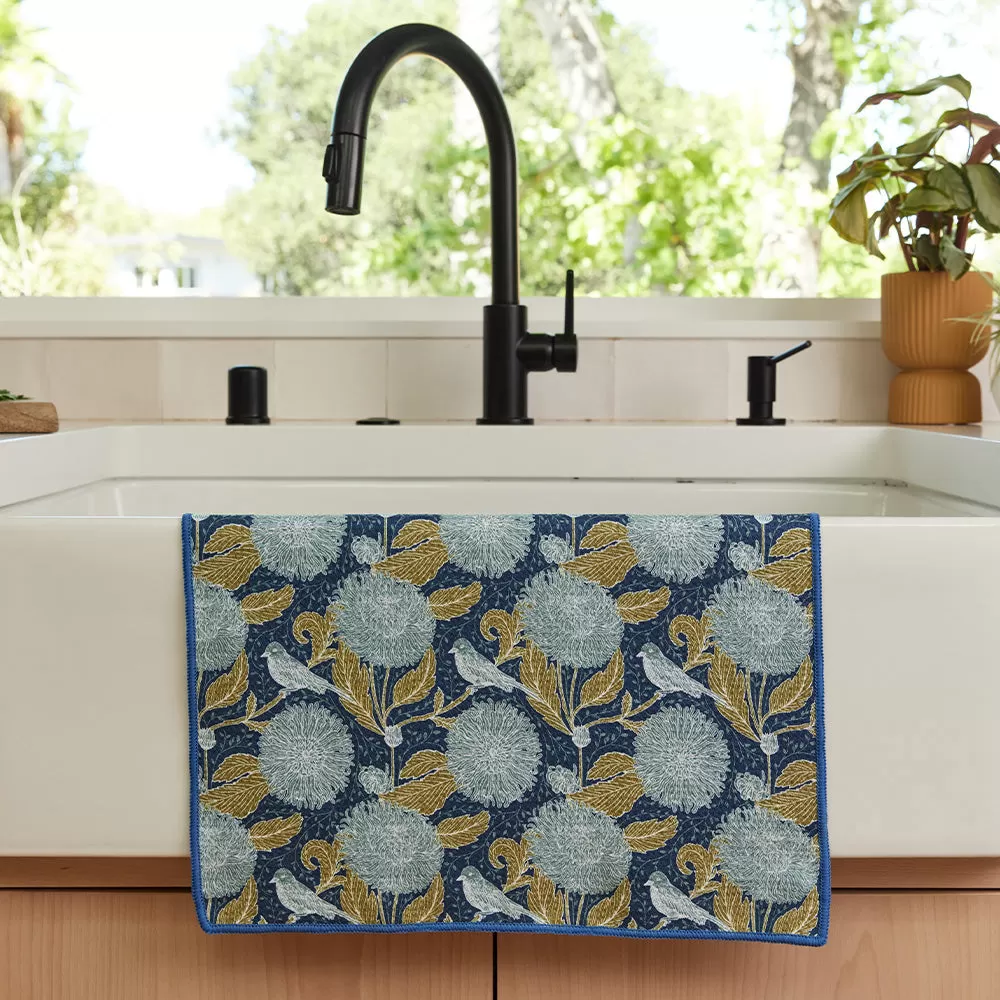 Chrysanthemum blu Kitchen Tea Towel-Double Side Printed