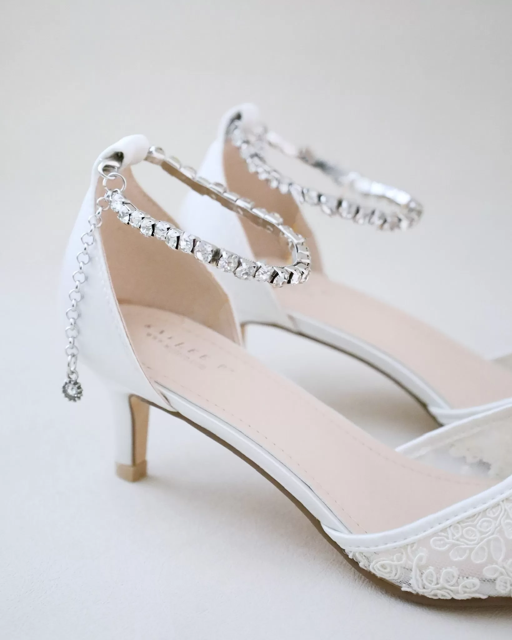 Crochet Lace Pointy Toe Wedding Low Heels with Eternity Rhinestones Straps