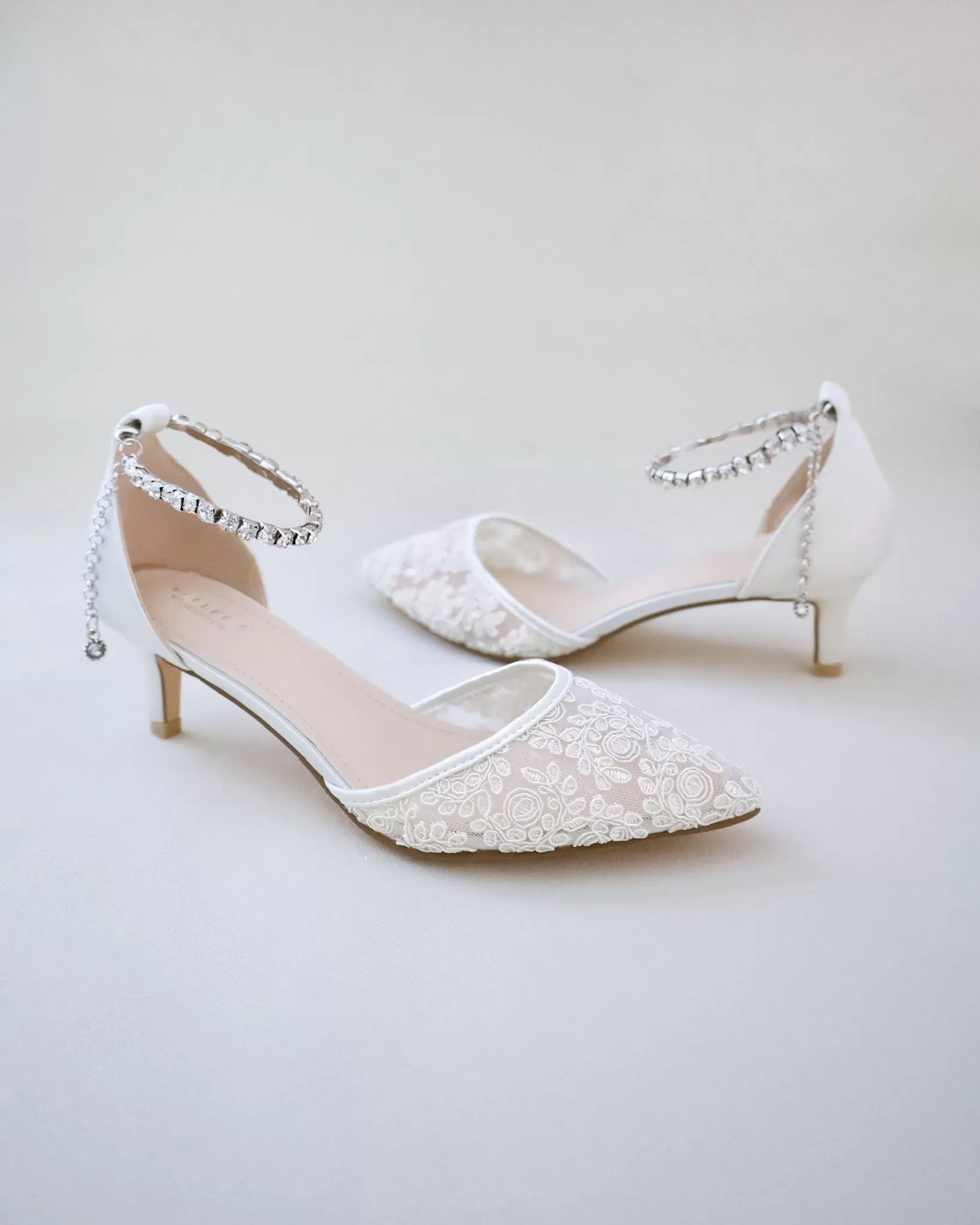 Crochet Lace Pointy Toe Wedding Low Heels with Eternity Rhinestones Straps