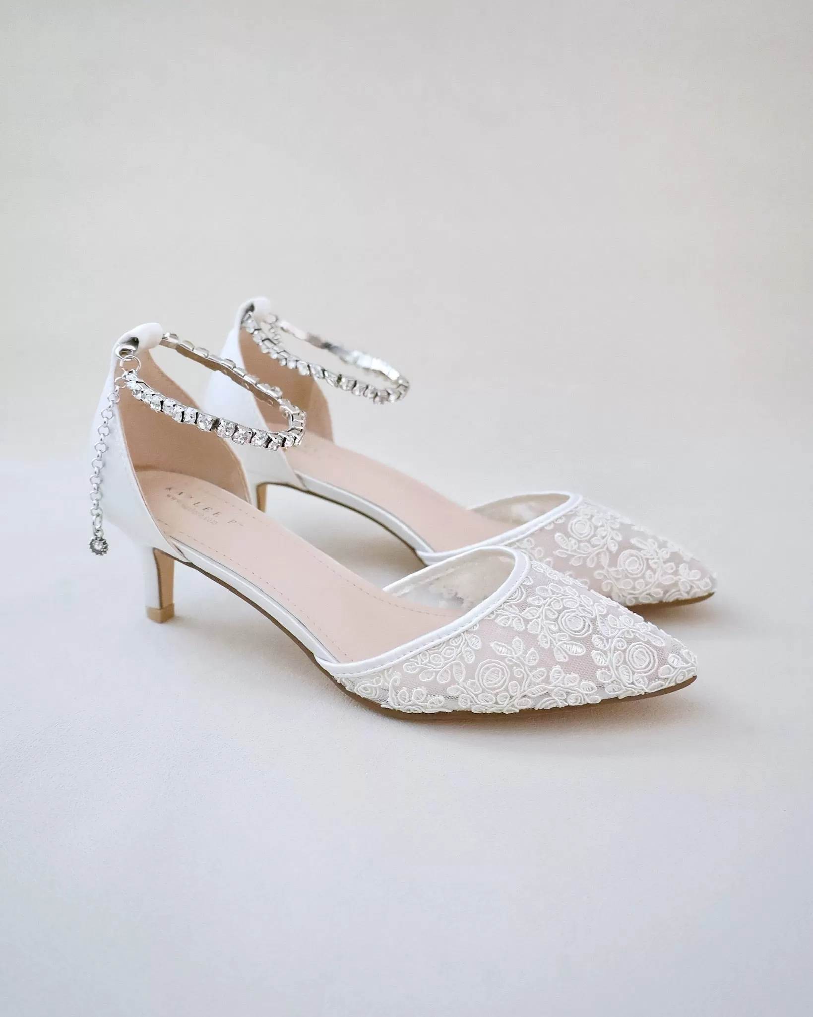 Crochet Lace Pointy Toe Wedding Low Heels with Eternity Rhinestones Straps