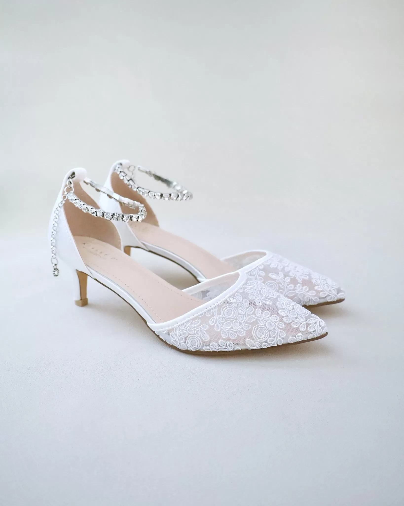 Crochet Lace Pointy Toe Wedding Low Heels with Eternity Rhinestones Straps