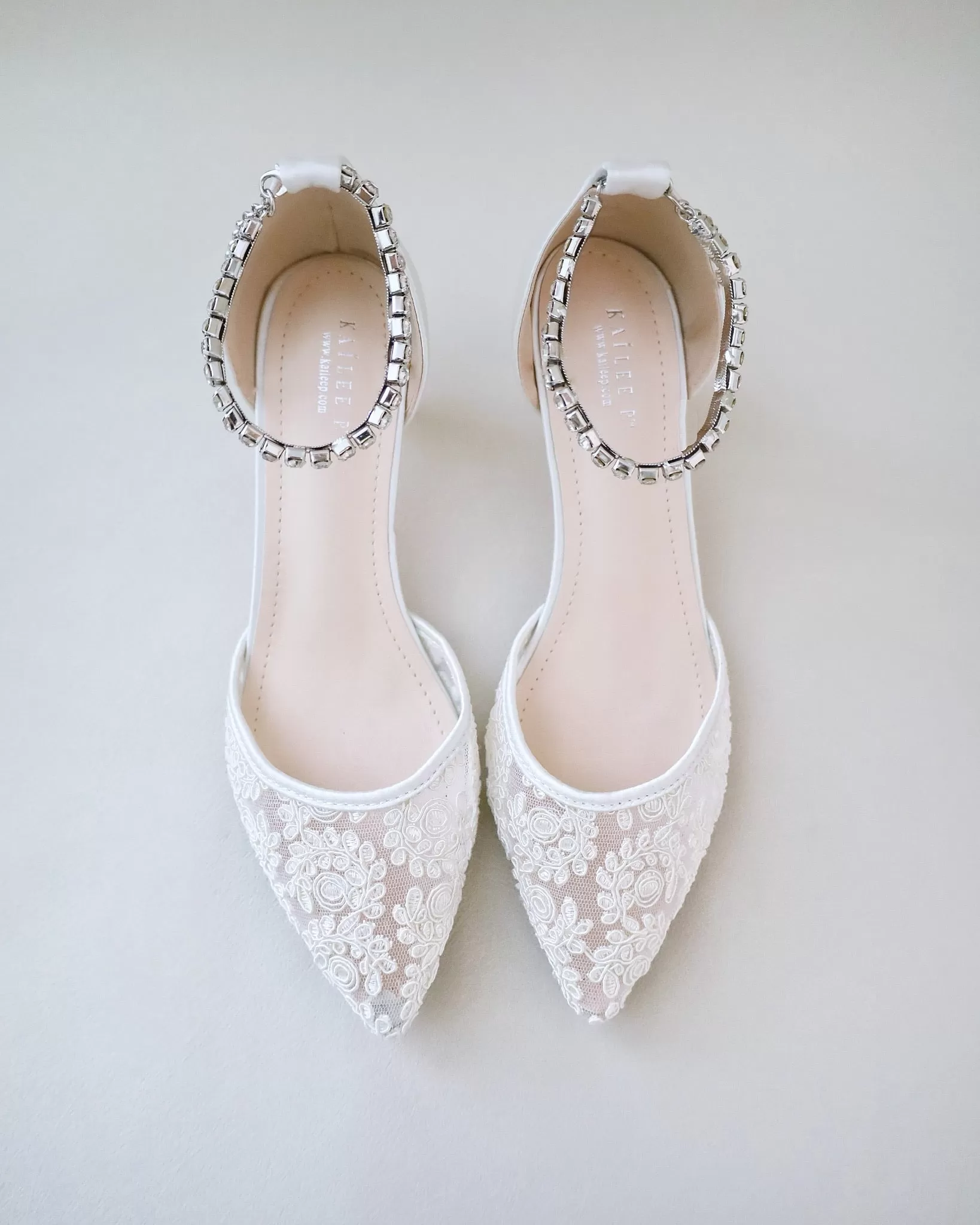 Crochet Lace Pointy Toe Wedding Low Heels with Eternity Rhinestones Straps