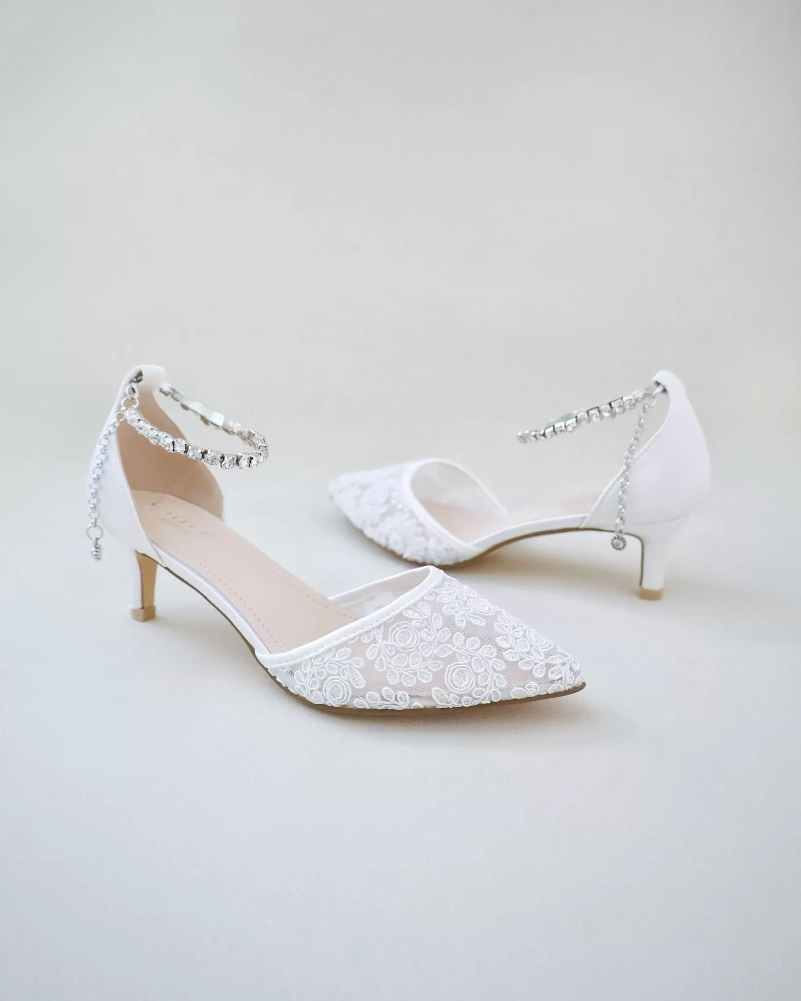 Crochet Lace Pointy Toe Wedding Low Heels with Eternity Rhinestones Straps