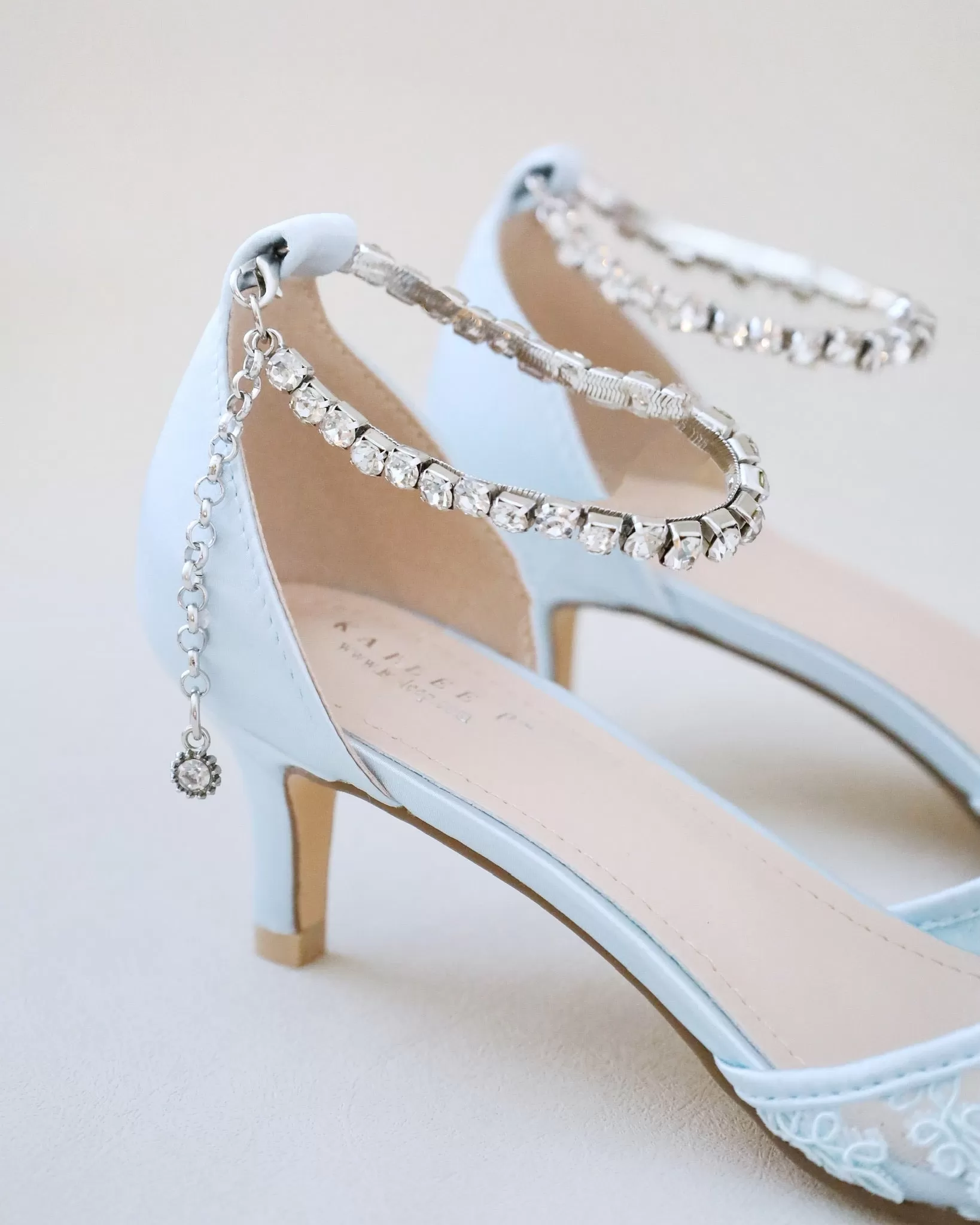 Crochet Lace Pointy Toe Wedding Low Heels with Eternity Rhinestones Straps