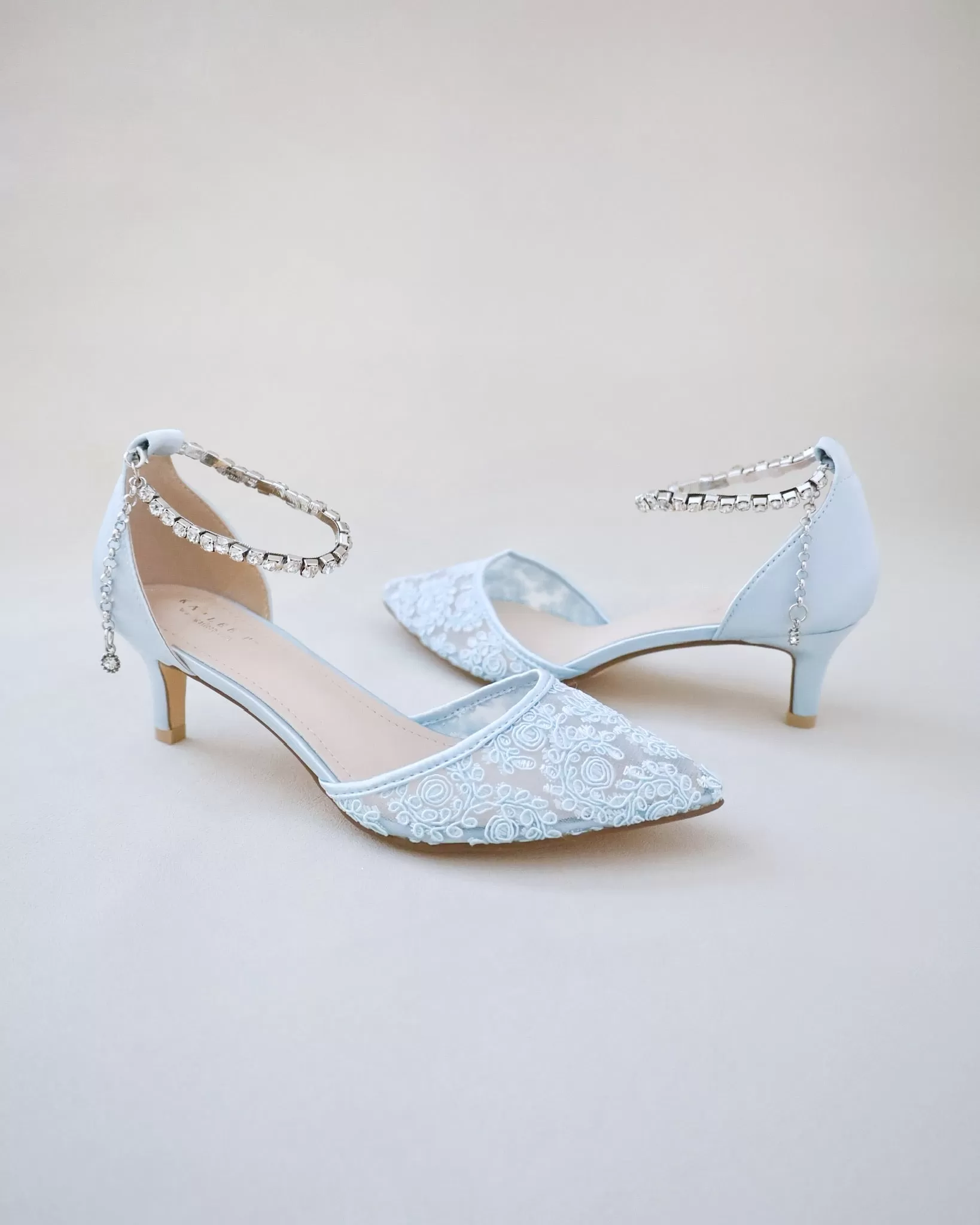 Crochet Lace Pointy Toe Wedding Low Heels with Eternity Rhinestones Straps