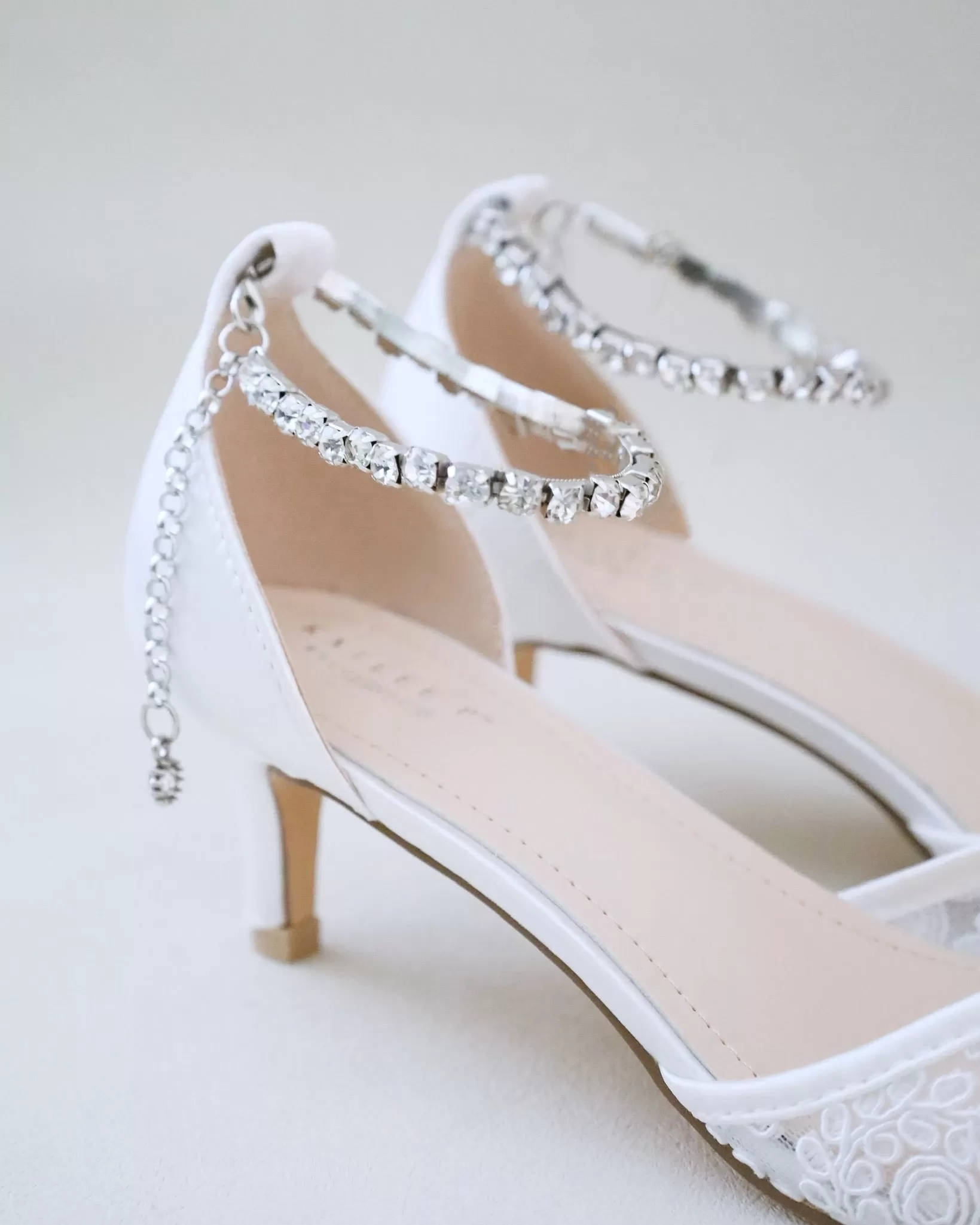 Crochet Lace Pointy Toe Wedding Low Heels with Eternity Rhinestones Straps