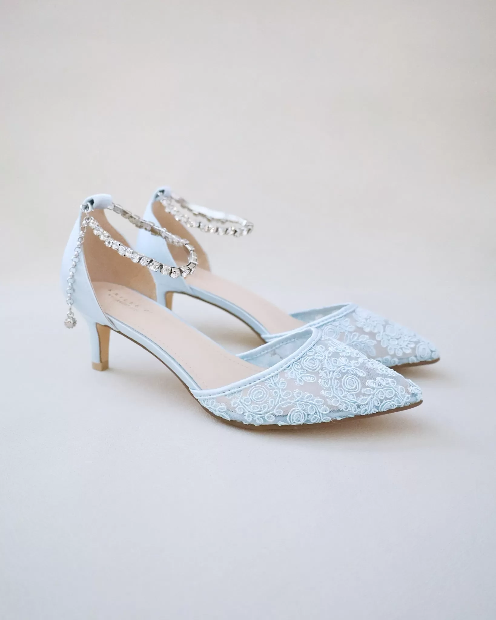 Crochet Lace Pointy Toe Wedding Low Heels with Eternity Rhinestones Straps