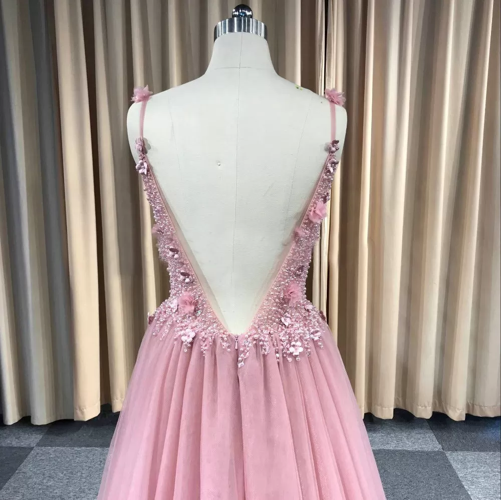 Custom Made Sexy Backless Party Dress Luxury Beaded 3D flowers Tulle Prom Dress ER2074