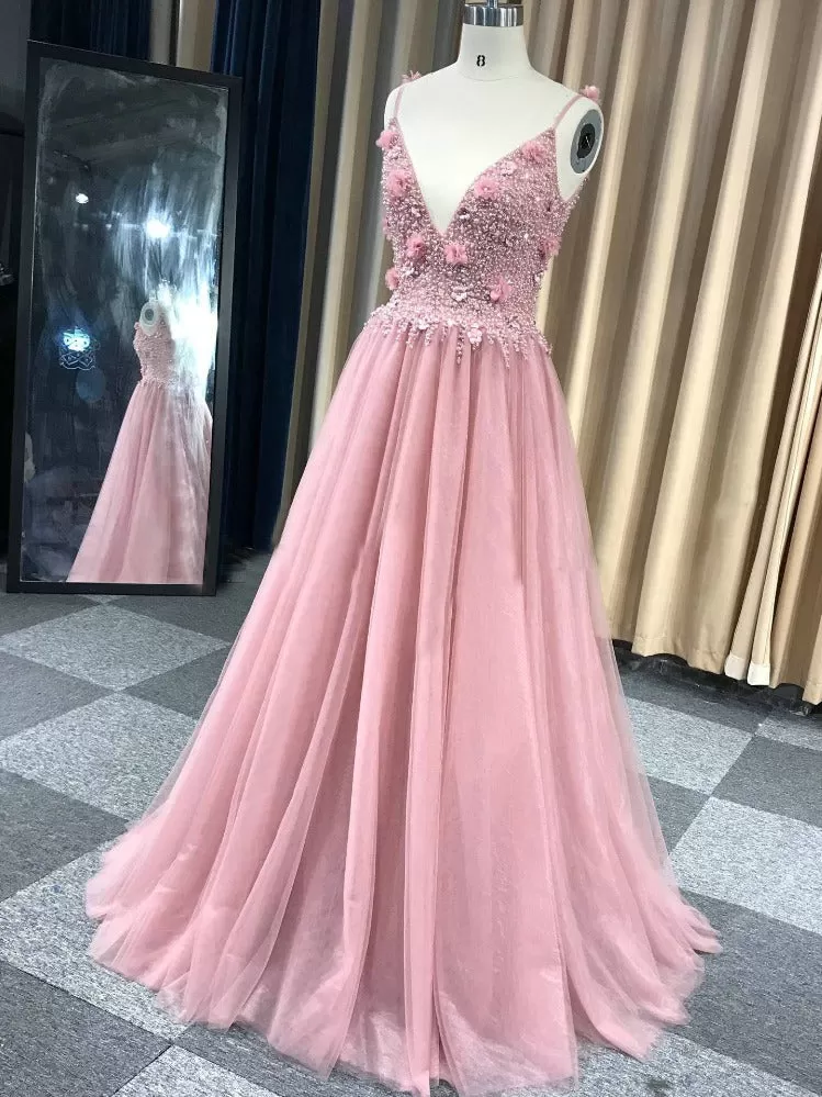 Custom Made Sexy Backless Party Dress Luxury Beaded 3D flowers Tulle Prom Dress ER2074