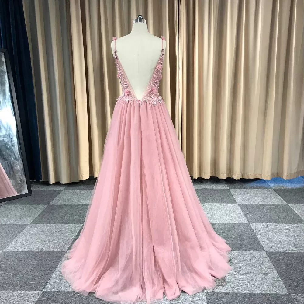 Custom Made Sexy Backless Party Dress Luxury Beaded 3D flowers Tulle Prom Dress ER2074