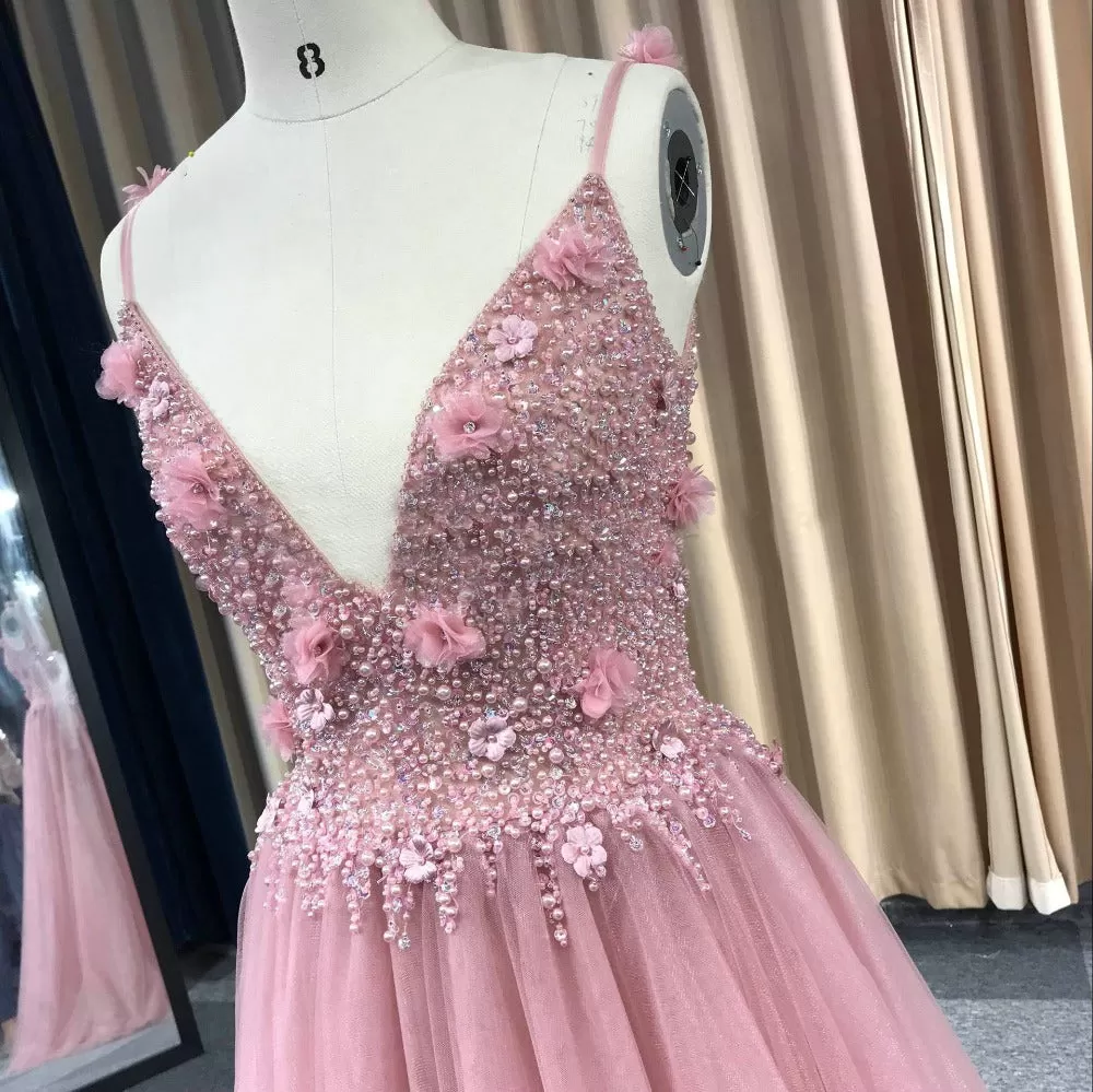 Custom Made Sexy Backless Party Dress Luxury Beaded 3D flowers Tulle Prom Dress ER2074