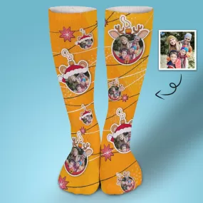 Custom Photo Line Yellow Sublimated Crew Socks Personalized Funny Photo Socks Gift for Christmas