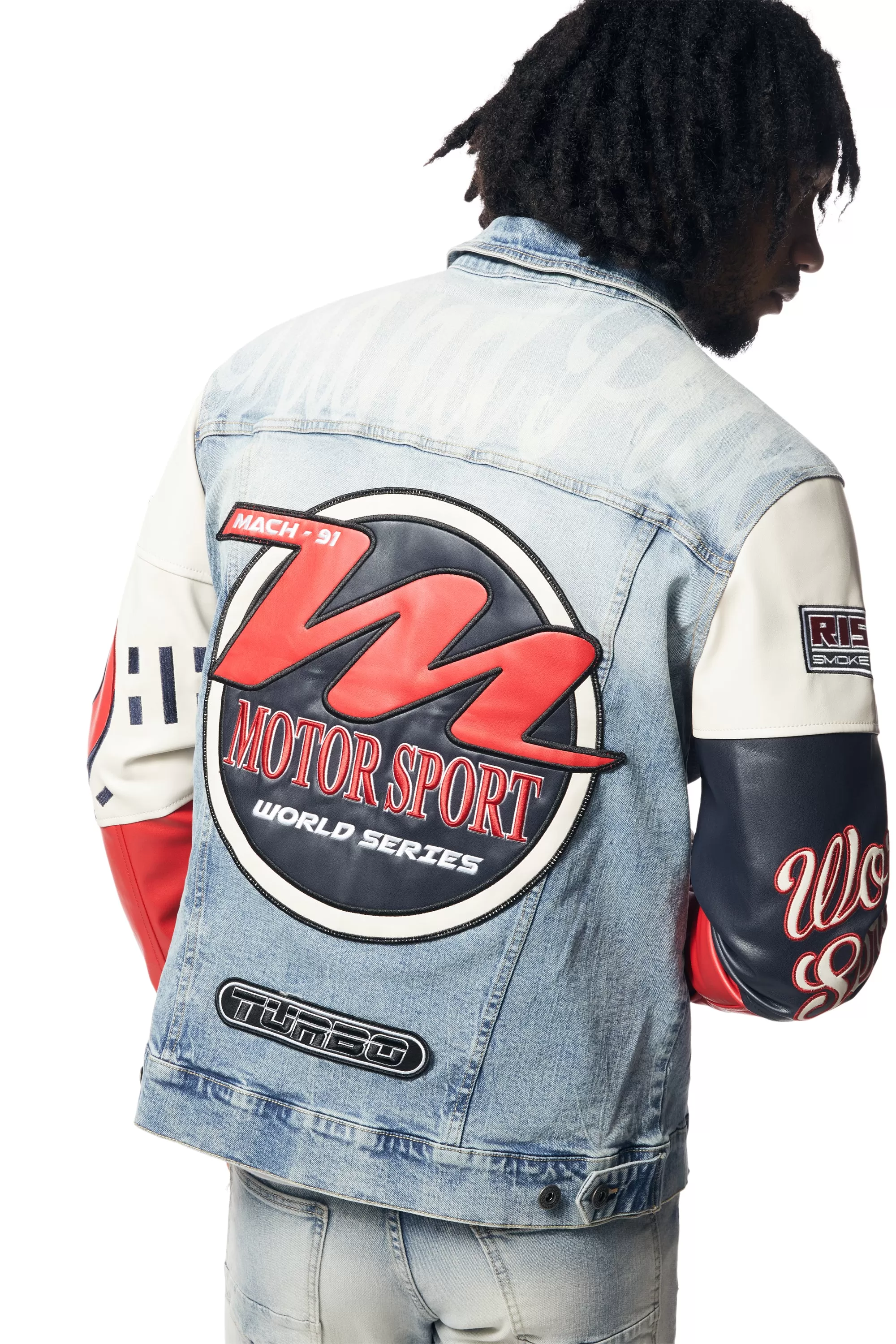 Embroidered Patched Racing Jean Jacket - Beacon Blue