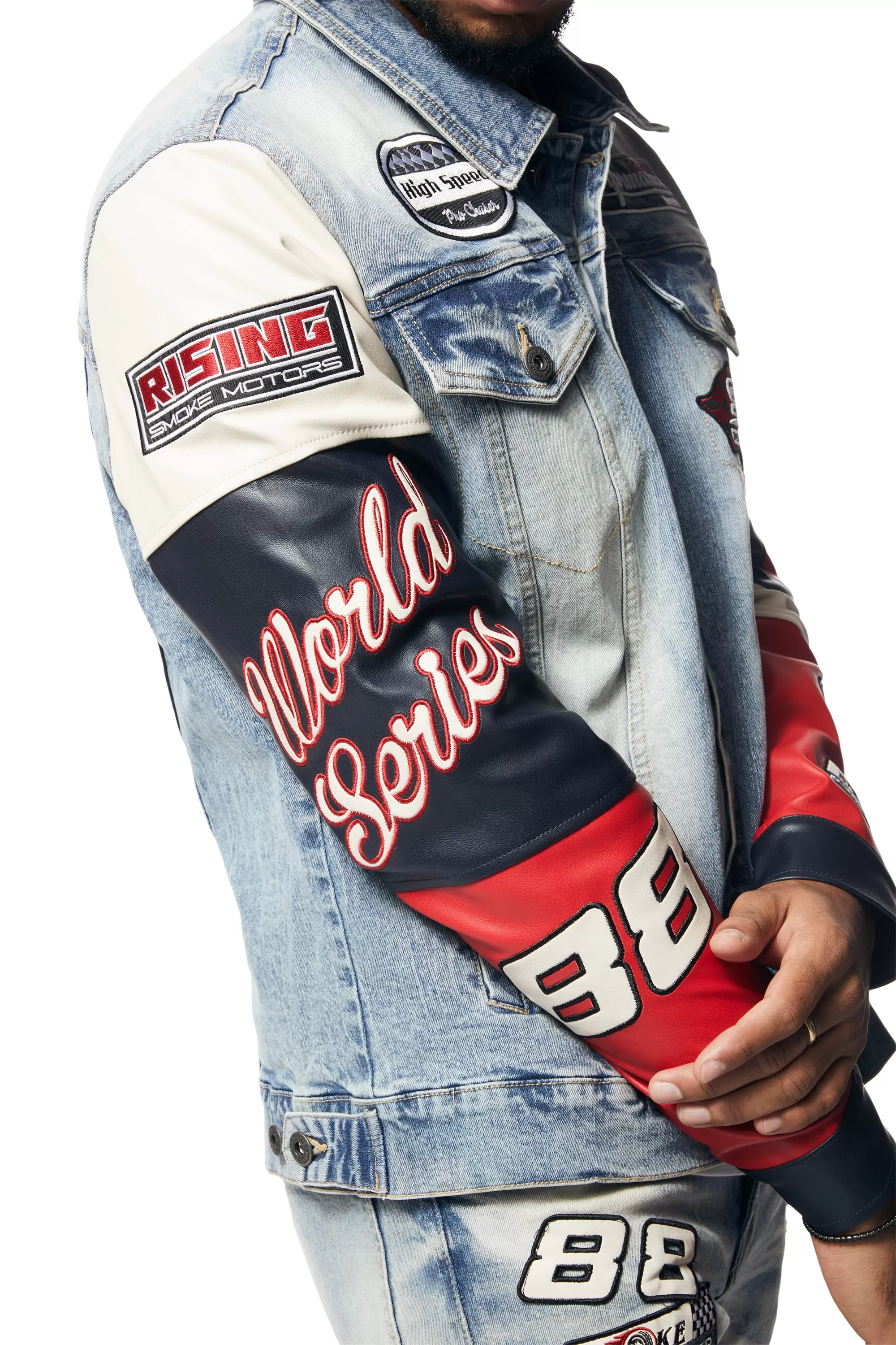 Embroidered Patched Racing Jean Jacket - Beacon Blue