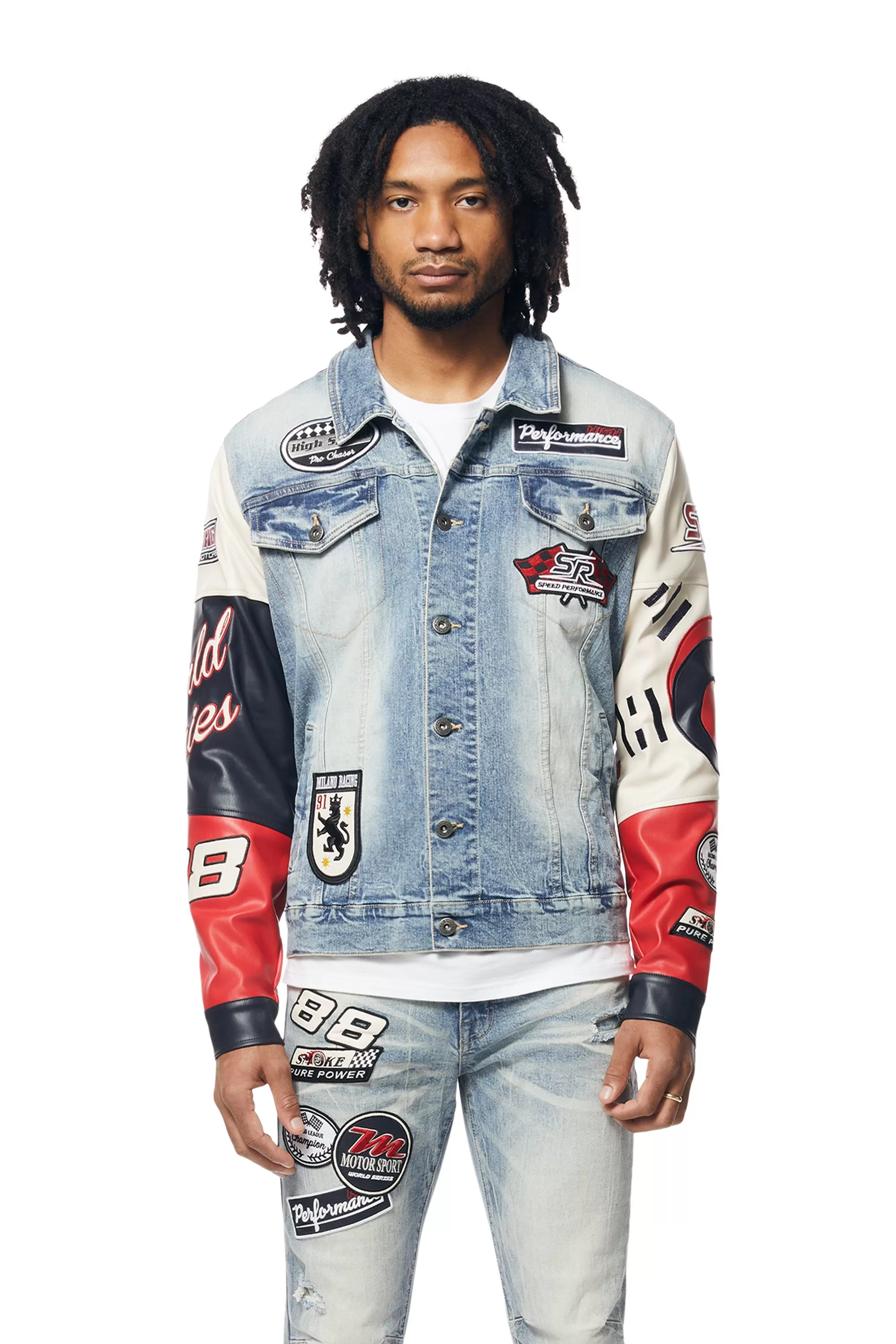 Embroidered Patched Racing Jean Jacket - Beacon Blue