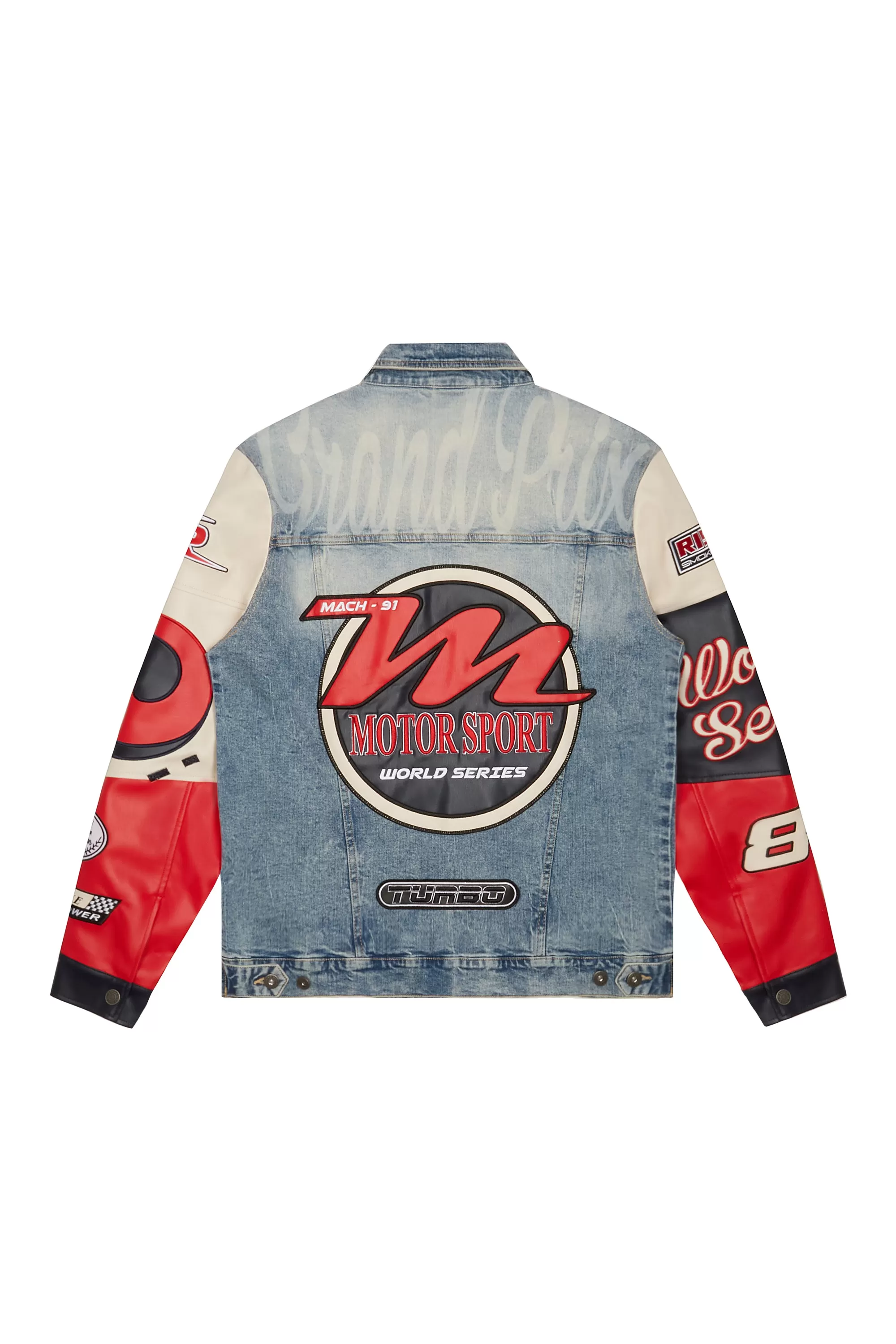 Embroidered Patched Racing Jean Jacket - Beacon Blue