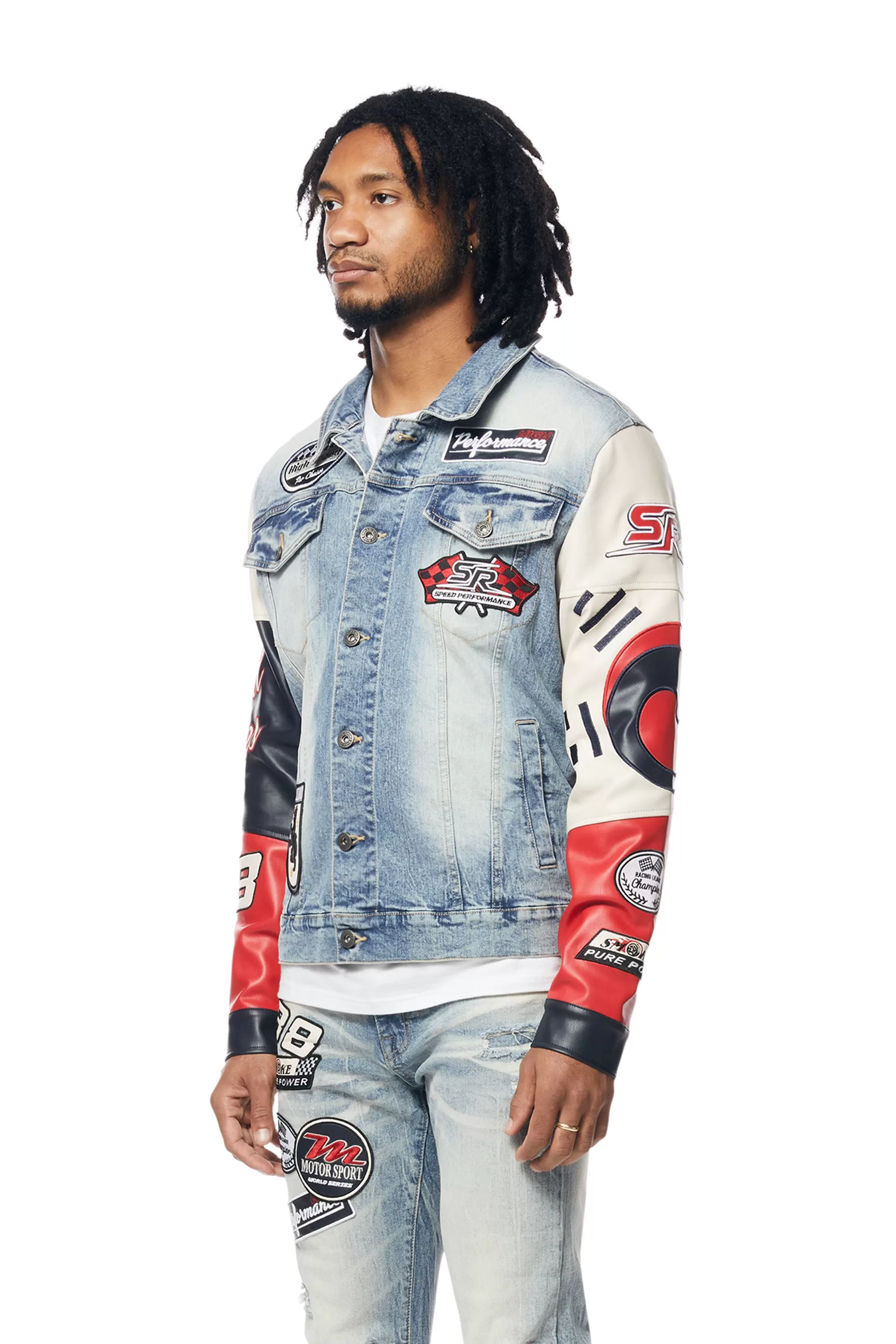 Embroidered Patched Racing Jean Jacket - Beacon Blue