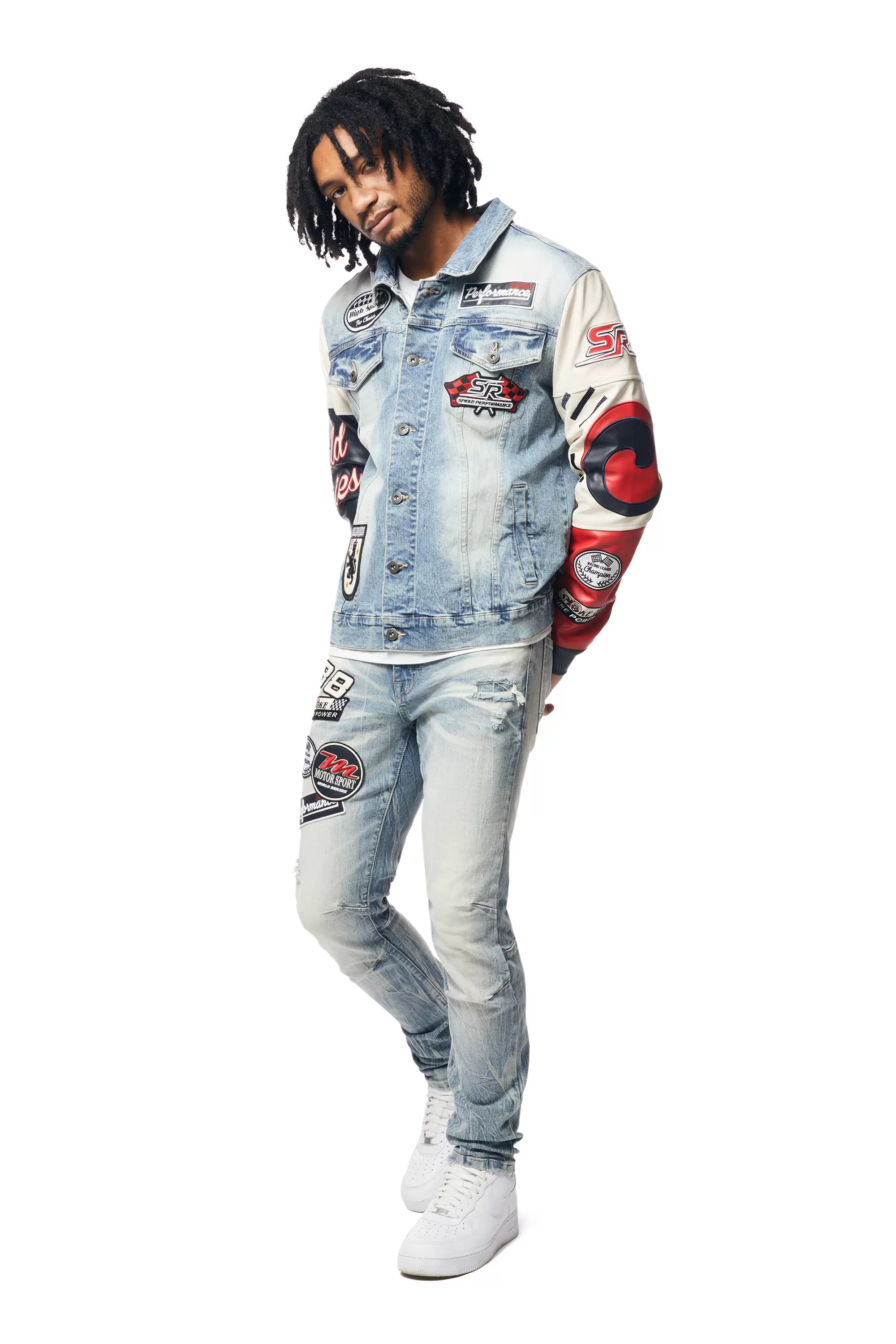 Embroidered Patched Racing Jean Jacket - Beacon Blue