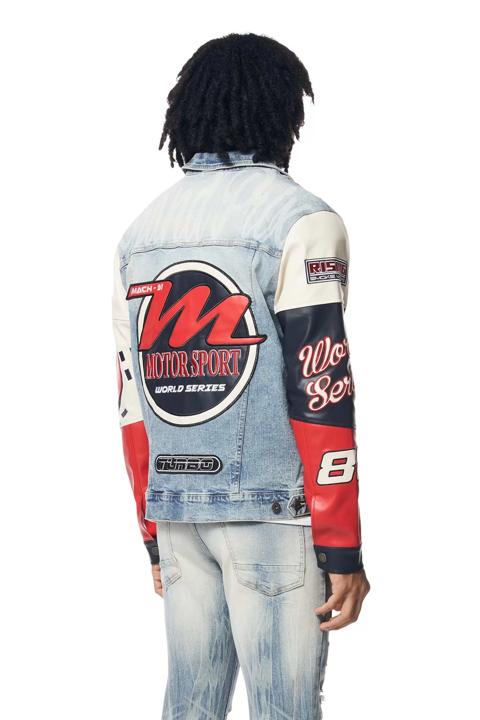 Embroidered Patched Racing Jean Jacket - Beacon Blue