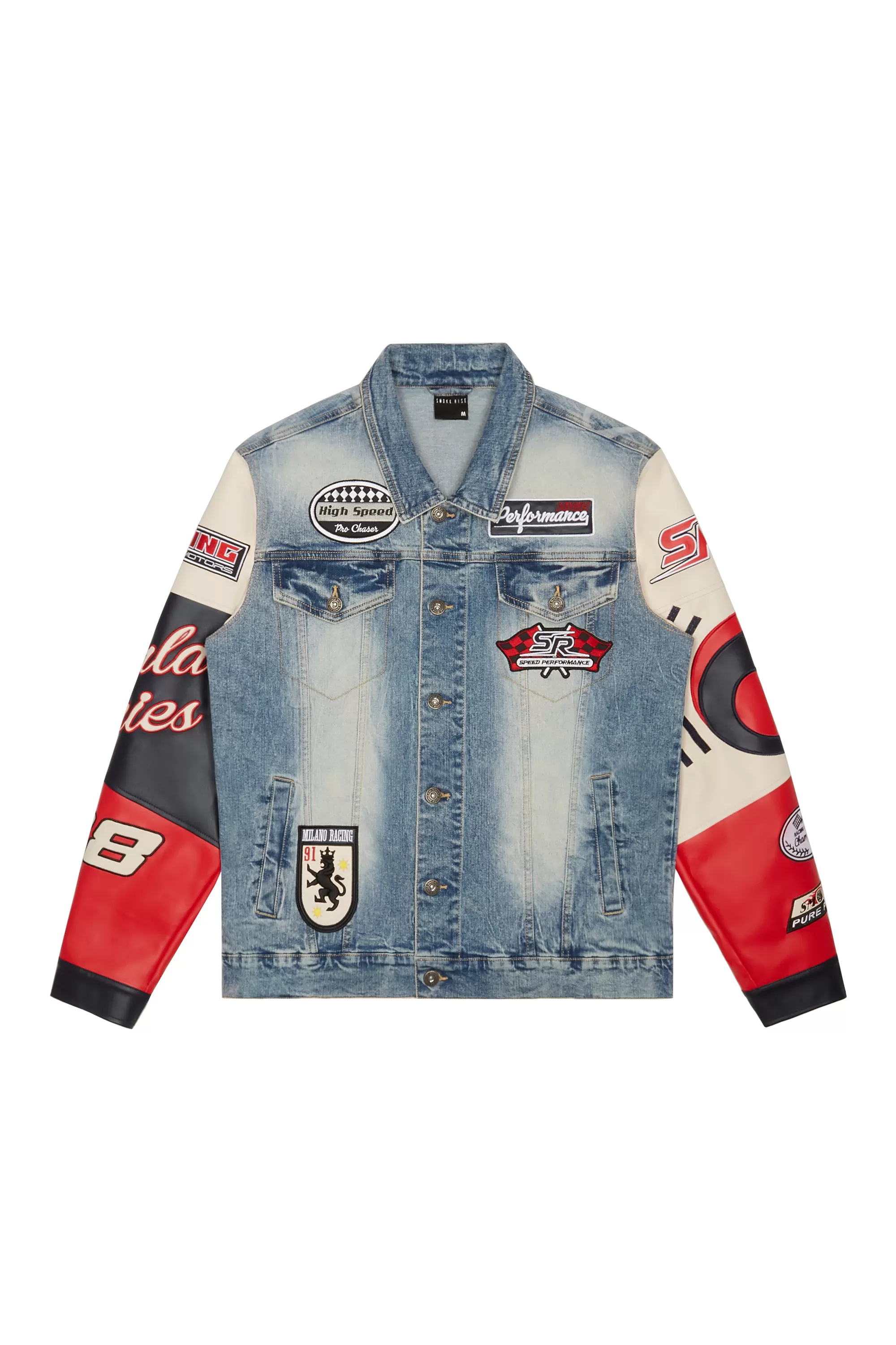 Embroidered Patched Racing Jean Jacket - Beacon Blue