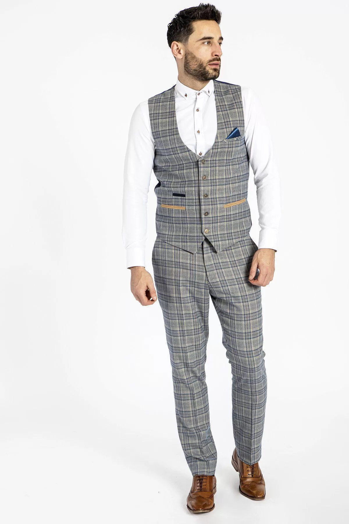 ENZO - Sky Stone Check Tweed Single Breasted Waistcoat