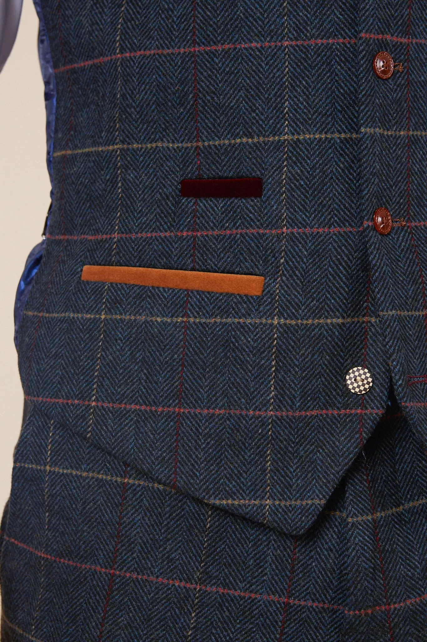 ETON - Single Breasted Navy Blue Tweed Check Waistcoat