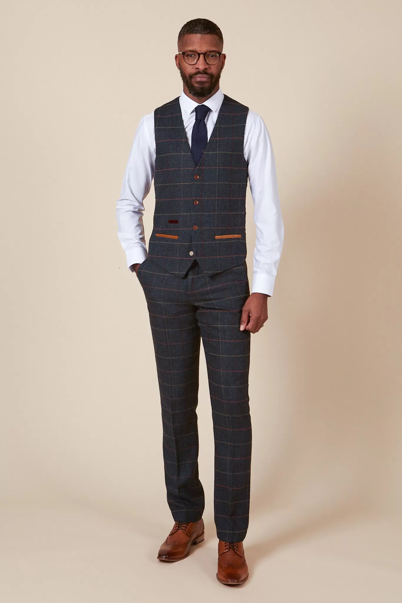 ETON - Single Breasted Navy Blue Tweed Check Waistcoat