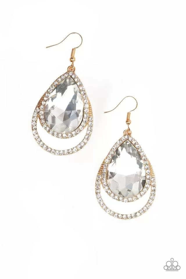 Famous Gold & Rhinestone Teardrop Earrings - Paparazzi Accessories