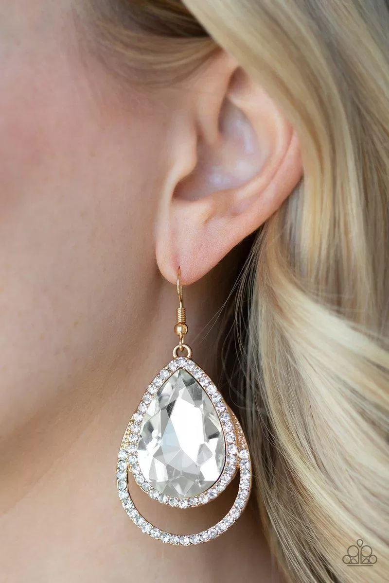 Famous Gold & Rhinestone Teardrop Earrings - Paparazzi Accessories