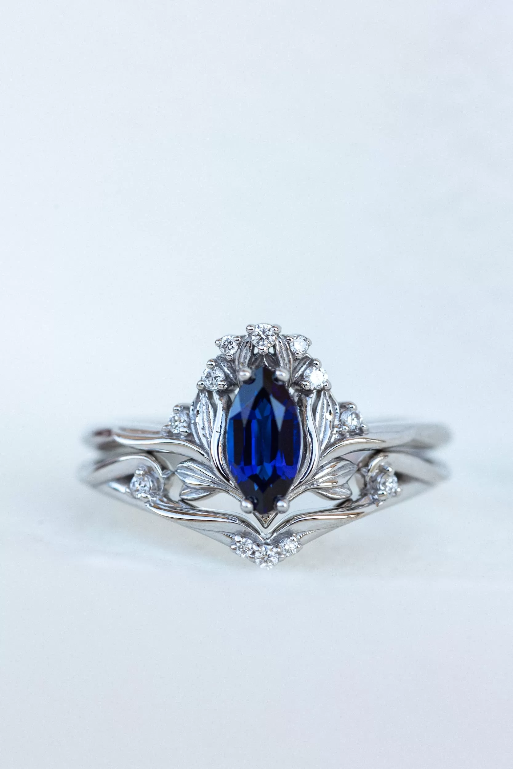 Flower design engagement ring set with lab sapphire, marquise cut gemstone bridal ring set / Iris