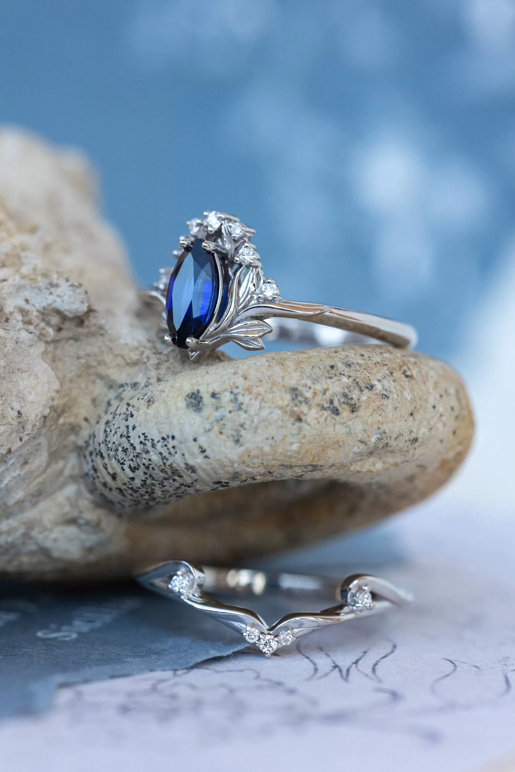 Flower design engagement ring set with lab sapphire, marquise cut gemstone bridal ring set / Iris