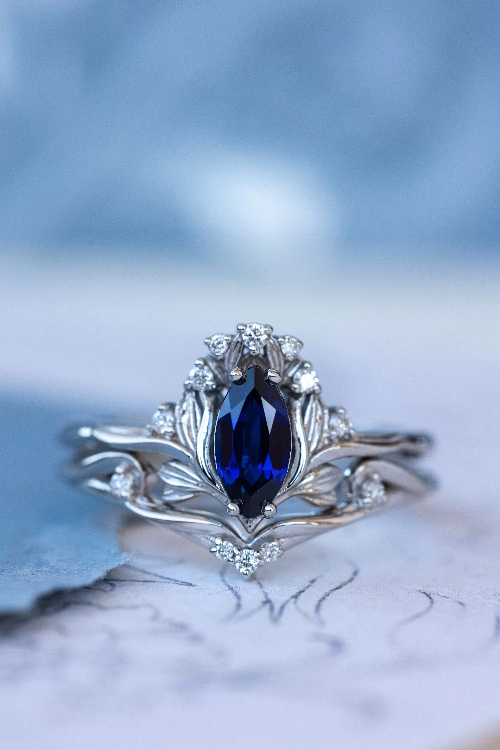 Flower design engagement ring set with lab sapphire, marquise cut gemstone bridal ring set / Iris