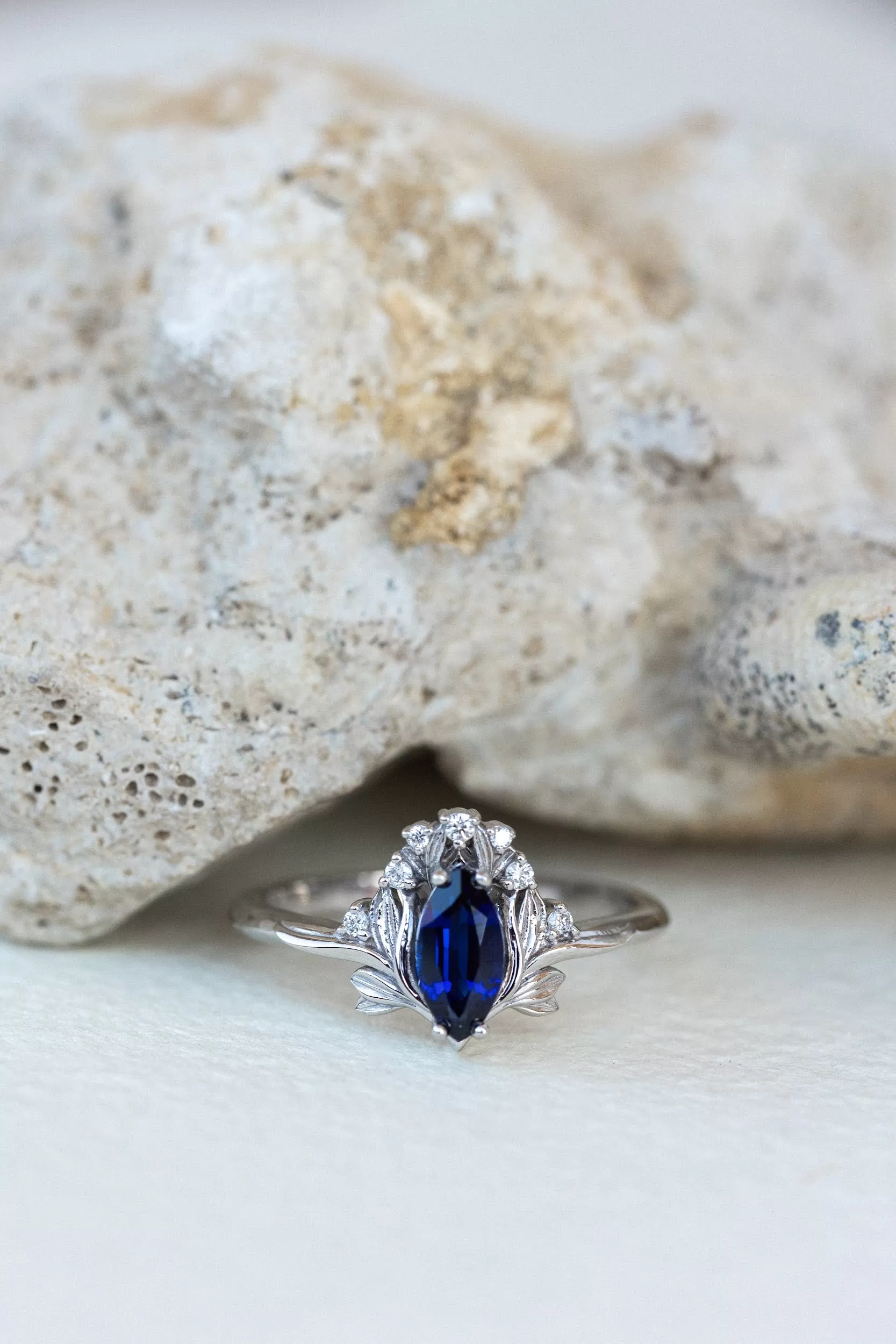 Flower design engagement ring set with lab sapphire, marquise cut gemstone bridal ring set / Iris