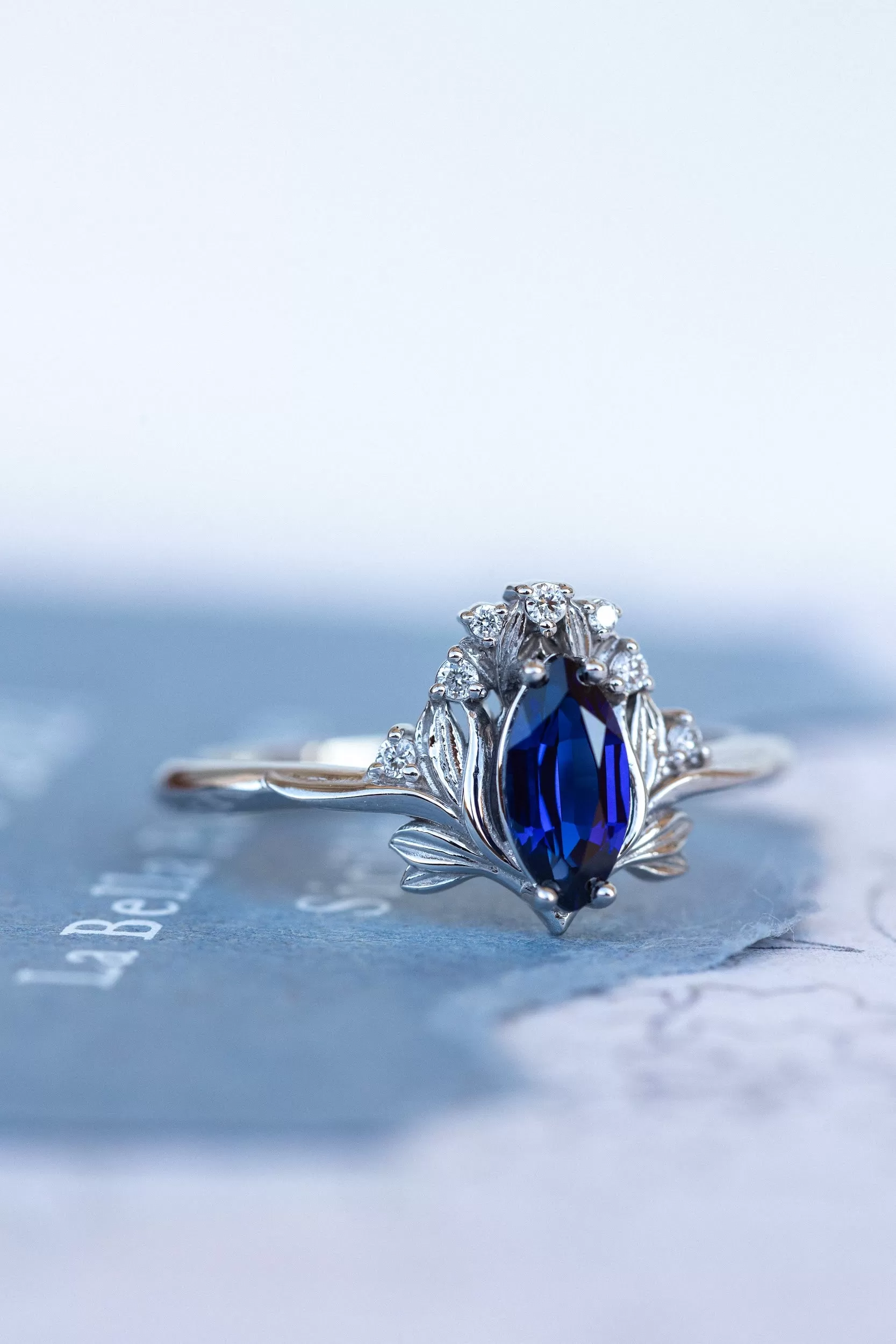 Flower design engagement ring set with lab sapphire, marquise cut gemstone bridal ring set / Iris