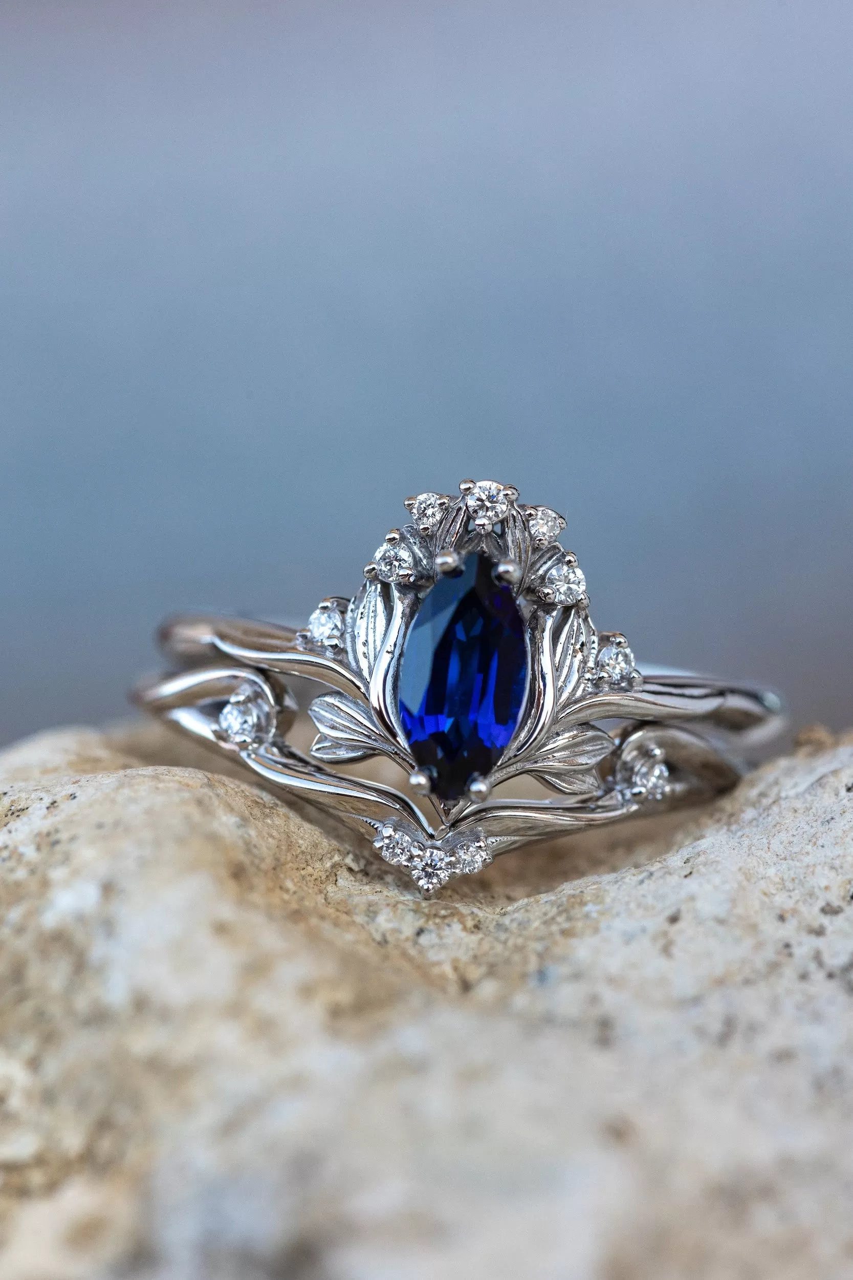 Flower design engagement ring set with lab sapphire, marquise cut gemstone bridal ring set / Iris