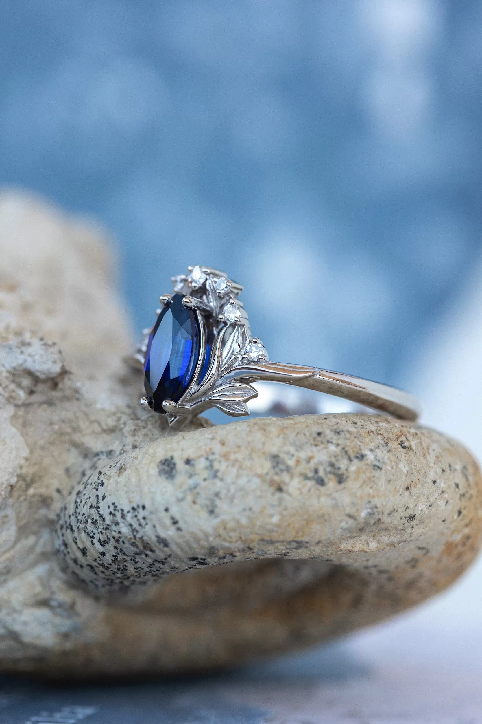 Flower design engagement ring set with lab sapphire, marquise cut gemstone bridal ring set / Iris