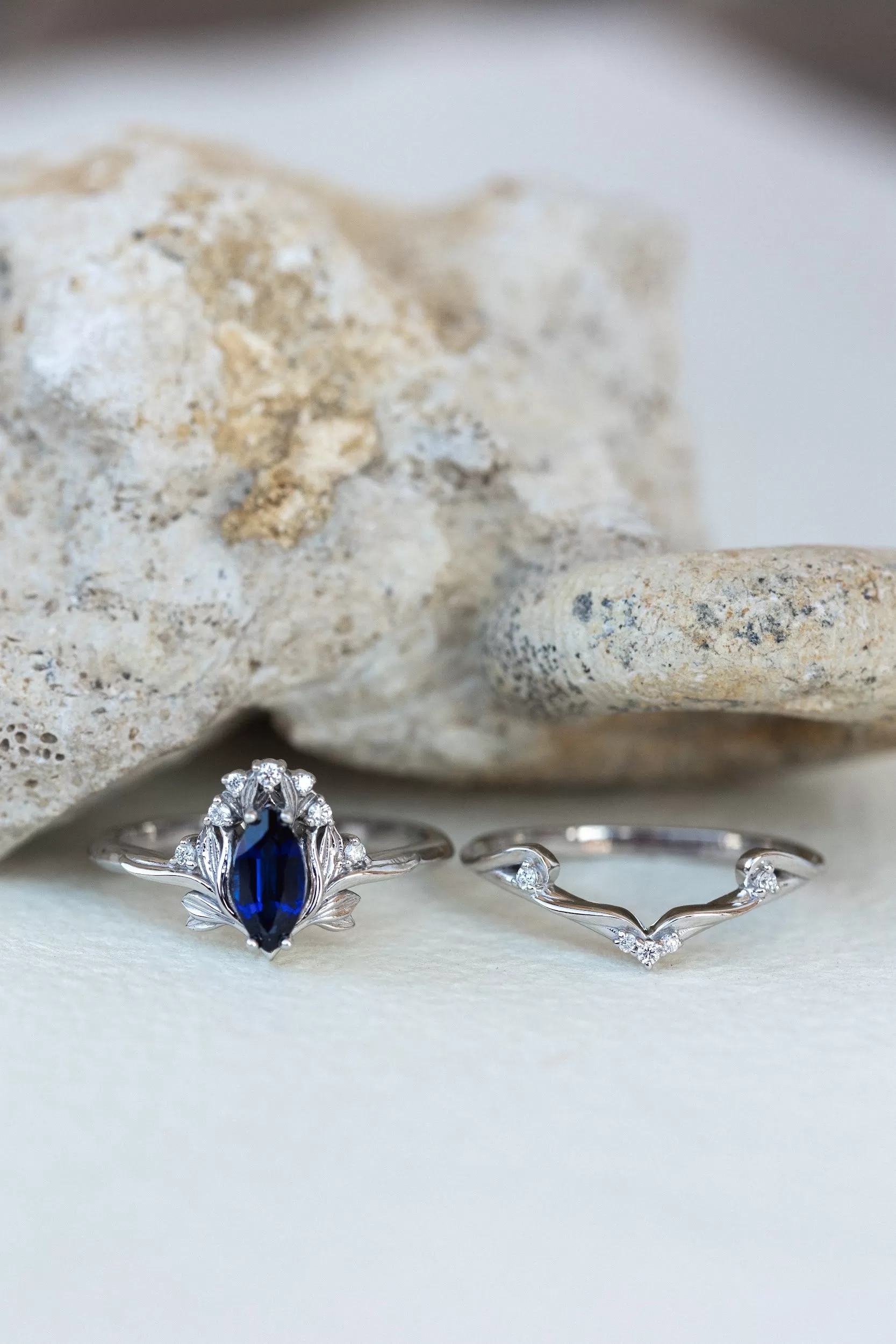 Flower design engagement ring set with lab sapphire, marquise cut gemstone bridal ring set / Iris