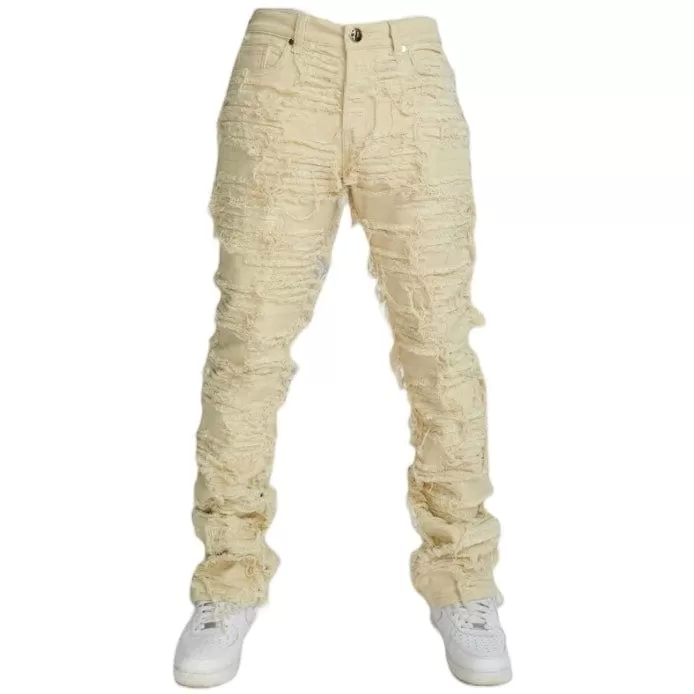 Foreign Brand Politics Thrashed Distressed Stacked Flare Jeans (Cream) DEBRIS504