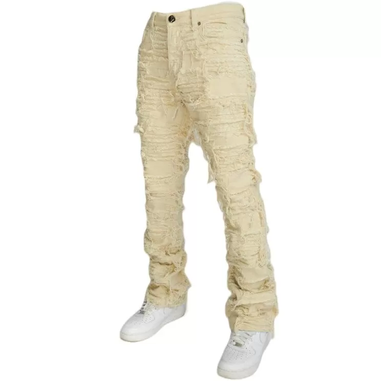 Foreign Brand Politics Thrashed Distressed Stacked Flare Jeans (Cream) DEBRIS504