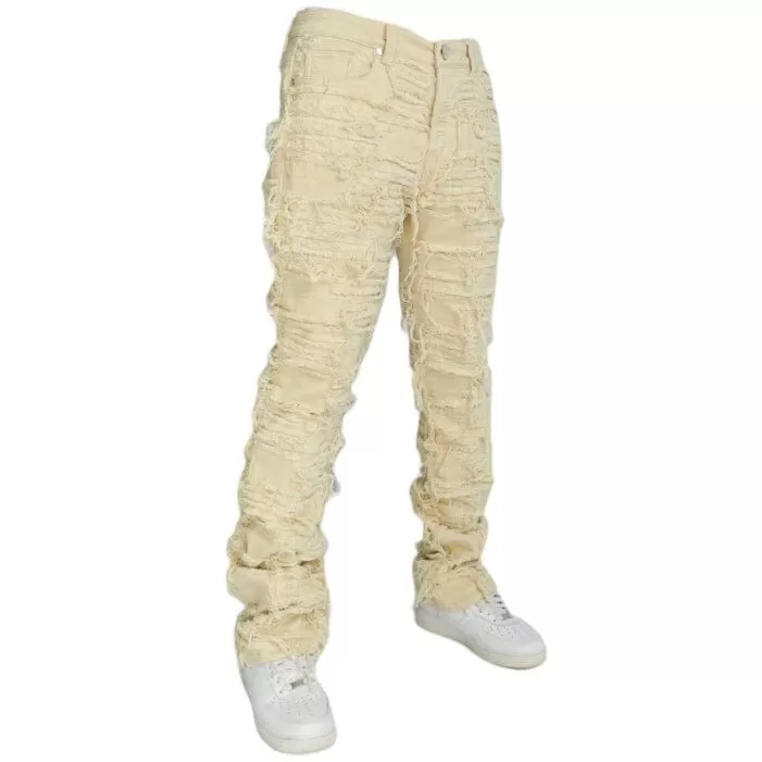 Foreign Brand Politics Thrashed Distressed Stacked Flare Jeans (Cream) DEBRIS504