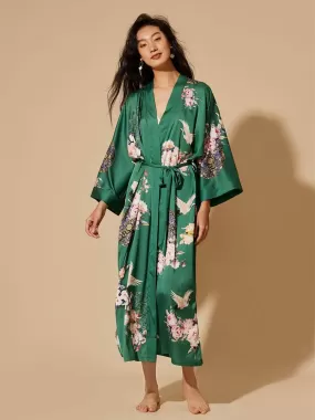 Garden Crane Green Kimono Robe