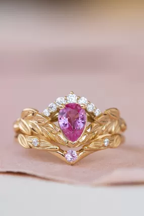 Genuine pink sapphire engagement ring set, gold palm leaves bridal ring set / Palmira Crown