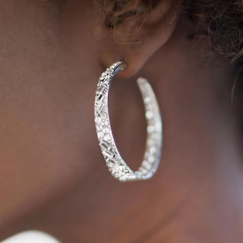 Glitzy By Association Silver and White SUPER Bling Hoop Earrings