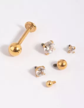 Gold Plated Surgical Steel Cubic Zirconia Flat Back 6-Pack