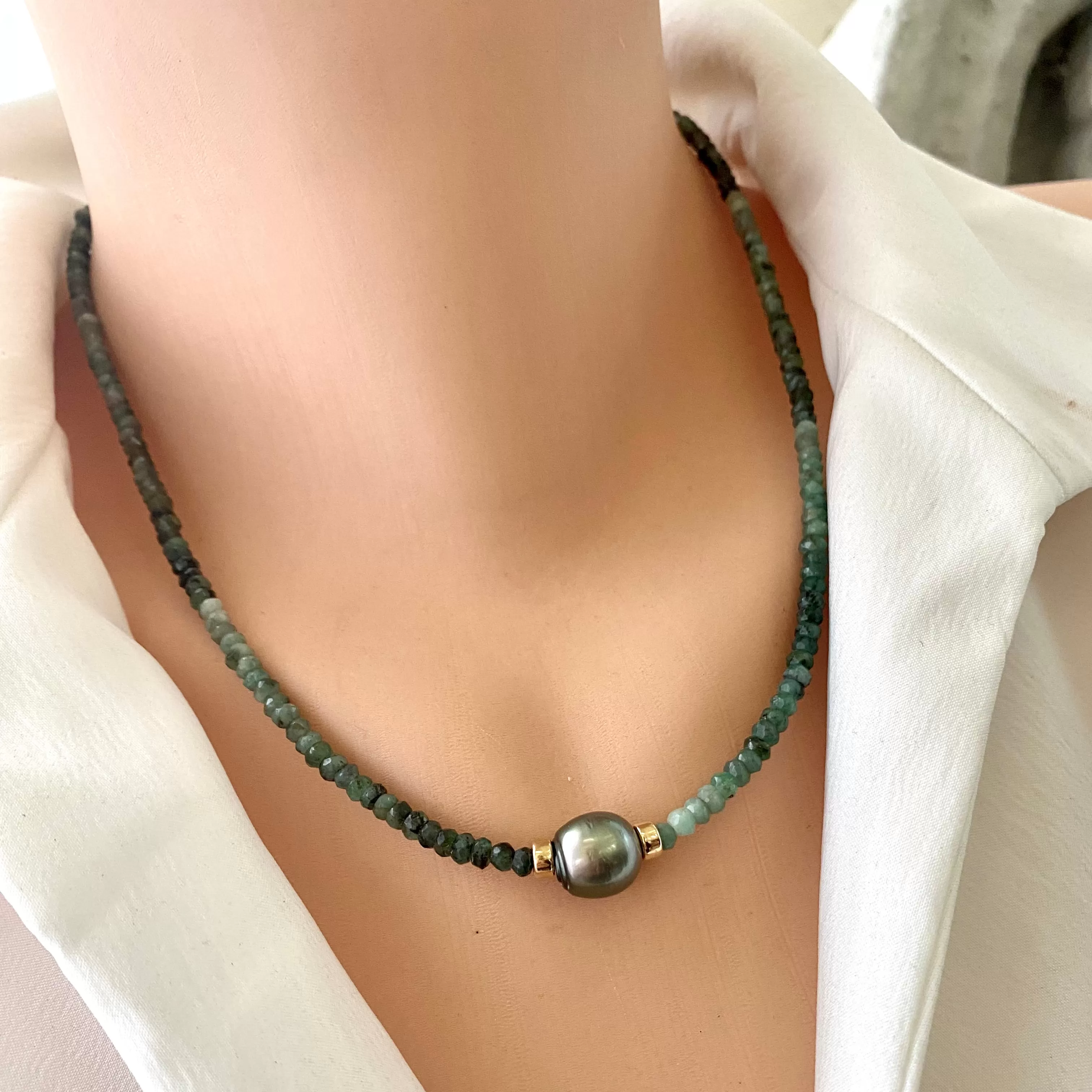 Green Emerald and Tahitian Baroque Pearl Necklace, Gold Filled, 18.5inches, May Birthstone