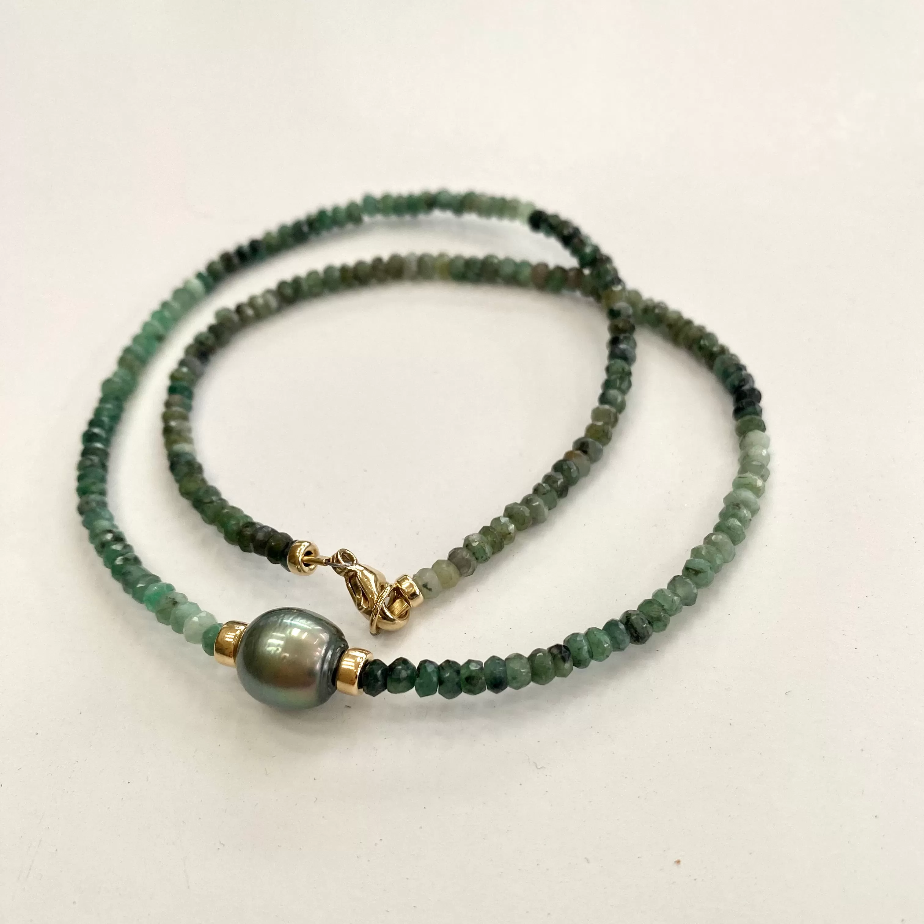 Green Emerald and Tahitian Baroque Pearl Necklace, Gold Filled, 18.5inches, May Birthstone