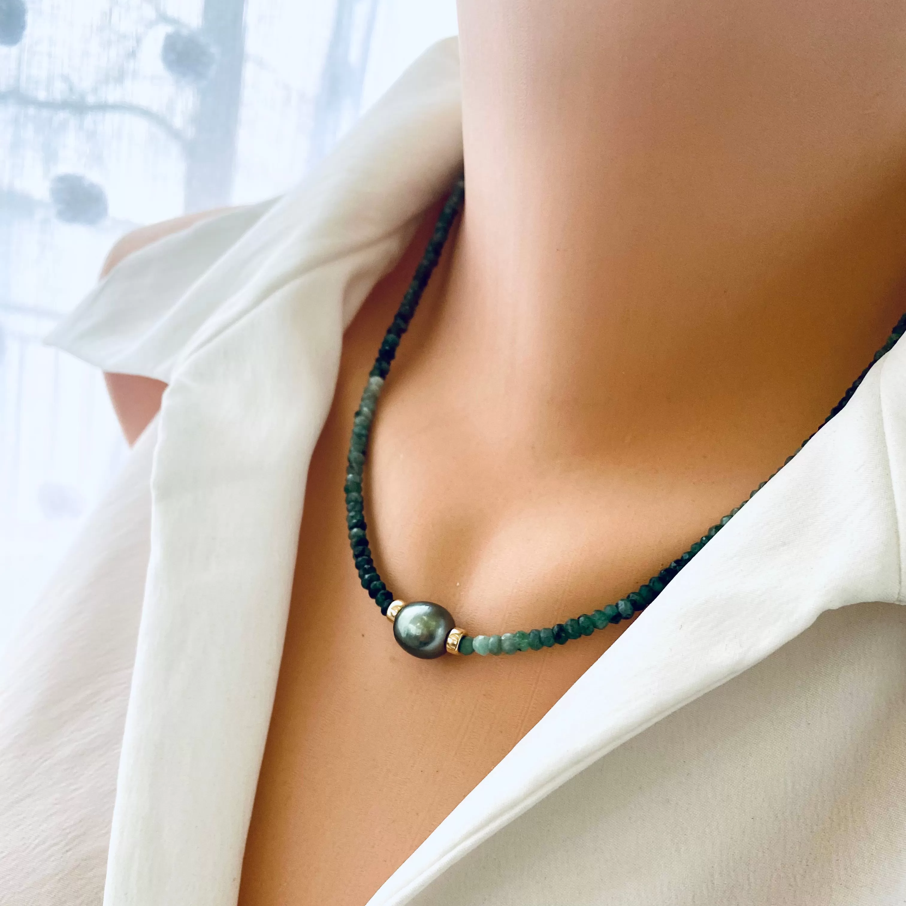 Green Emerald and Tahitian Baroque Pearl Necklace, Gold Filled, 18.5inches, May Birthstone