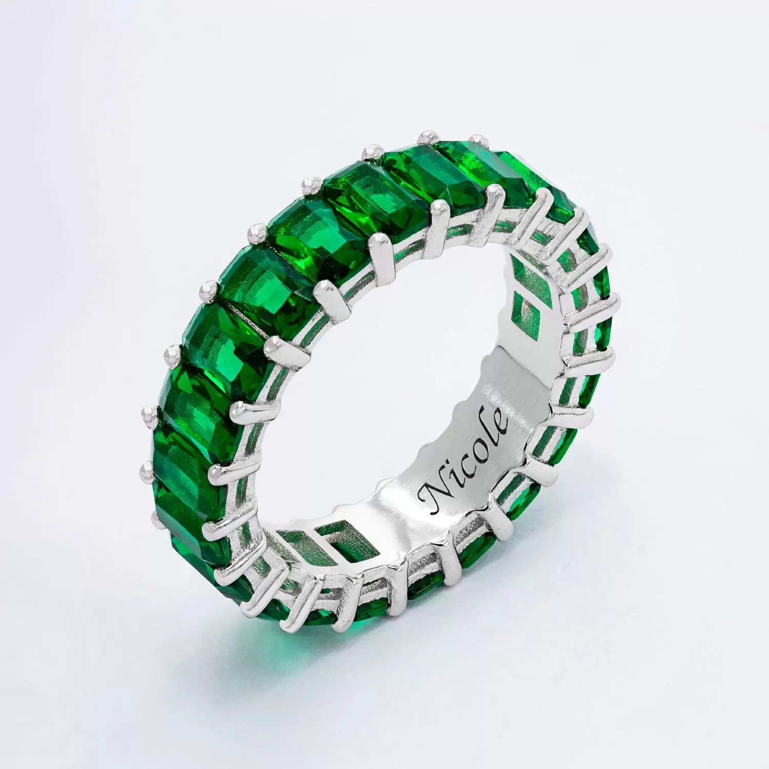 Green Engraved Personalized Cubic Zirconia Ring