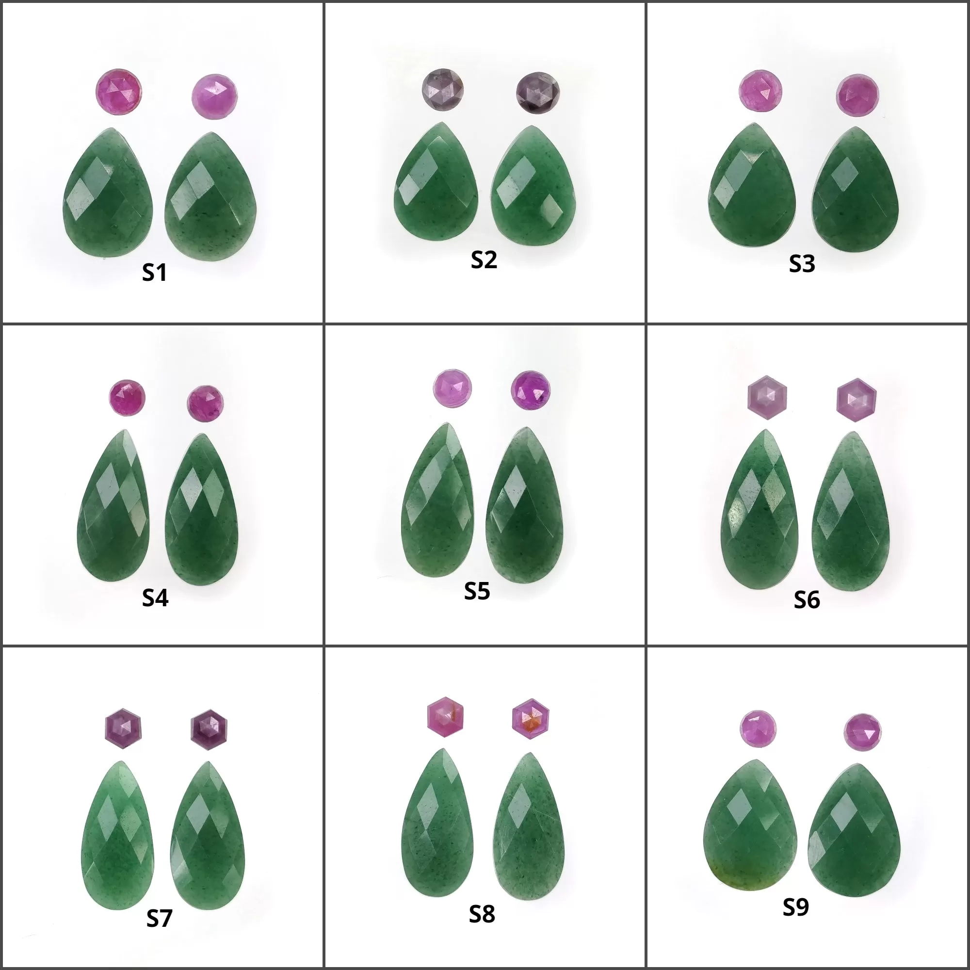 GREEN QUARTZITE & Raspberry Pink Sapphire Gemstone Checker Rose Cut : Natural Untreated Quartzite Pear Round Shape 4pcs